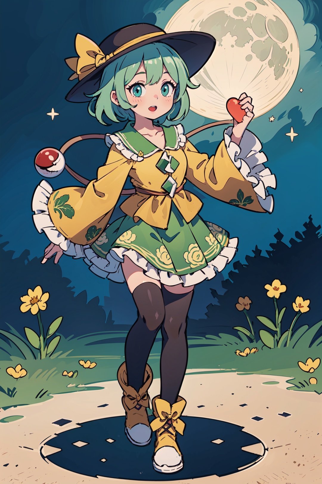 masterpiece, (illustration:1.2), (Cinematic Lighting), star, moon, bubble, fantastic, plant, best quality, 1girl, solo, hat, komeiji koishi, skirt, heart, shirt, thighhighs, green skirt, long sleeves, ribbon, looking at viewer, wide sleeves, third eye, frills, yellow shirt, hat ribbon, star (symbol), flower, green hair, black headwear, full body, short hair, blue eyes, blush, frilled sleeves, frilled shirt collar, gradient, green eyes, collarbone, frilled skirt, hat bow, yellow ribbon, bow, eyeball, floral print, yellow bow, blouse, parted lips, heart of string, bangs, open mouth, boots