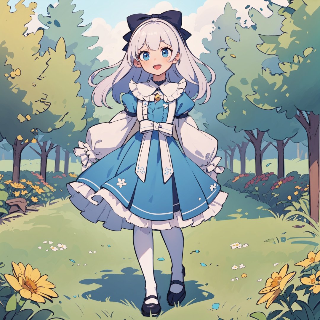 masterpiece, best quality, best quality, Amazing, beautiful detailed , The morning of green courtyard with flourishing flowers and plants in spring, eyes, 1girl, finely detail, Depth of field, extremely detailed CG unity 8k wallpaper, full body, (alice), alice in wonderland, Blond Hair, Blue hair band, cowboy shot , hiten_1, smile, game_cg, strong rim light, {close-up}, blunt_bangs, ((( full body))), (floating hair), (looking_at_viewer), open mouth, (looking_at_viewer), open mouth, blue eyes, Blonde_hair, Beautiful eyes, gradient hair, ((white_frilled_dress)), ((white pantyhose)), (long sleeves), (juliet_sleeves), (puffy sleeves), white hair bow, Skirt pleats, blue dress bow, blue_large_bow, (((stading))), sleeves past wrists, sleeves past fingers,evil