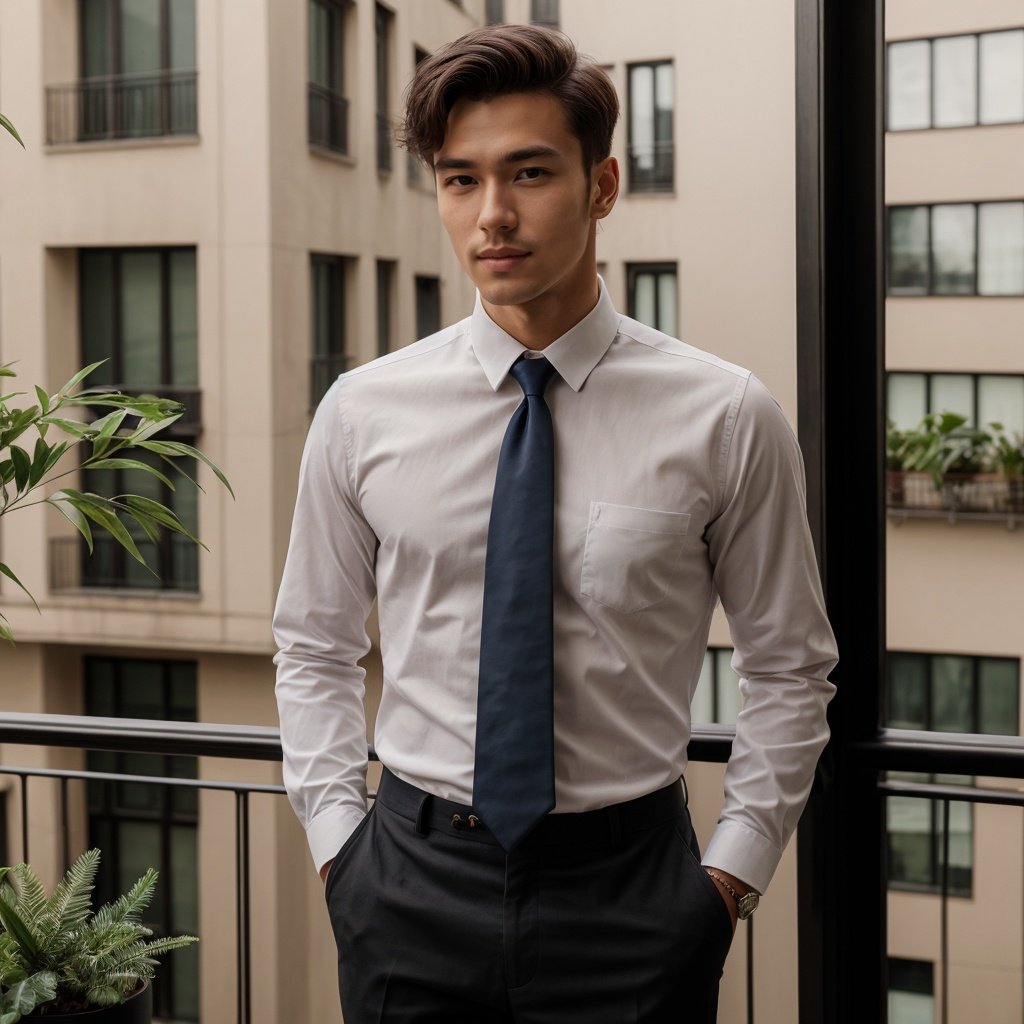  masterpiece, 1 Man, Handsome, Look at me, White shirt, Tie, balcony, Potted plant, Portrait