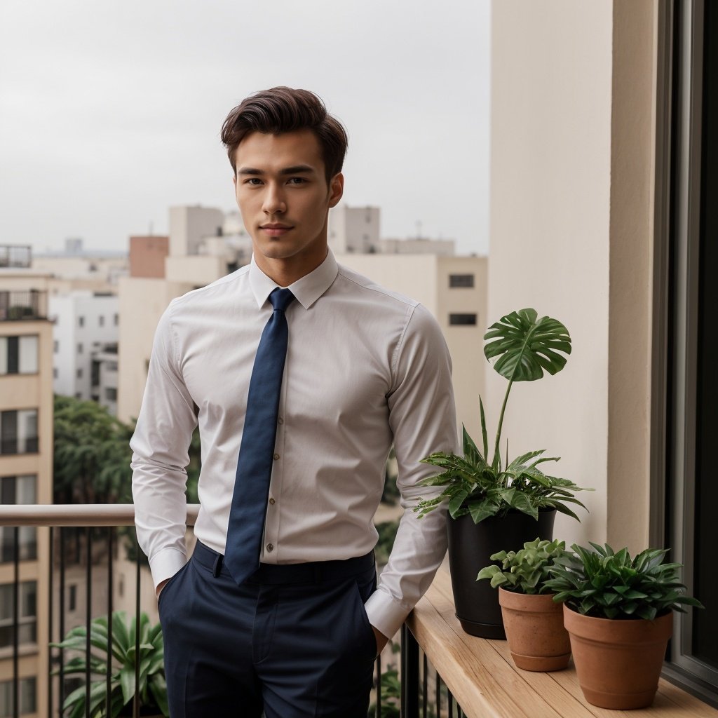  masterpiece, 1 Man, Handsome, Look at me, White shirt, Tie, balcony, Potted plant, Portrait