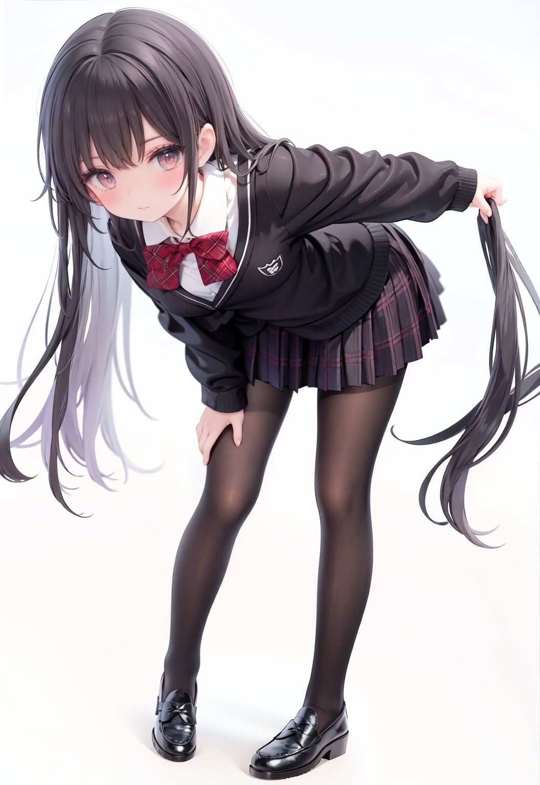  1girl, solo, pantyhose, skirt, long hair, loafers, shoes, simple background, school uniform, brown eyes, plaid, black pantyhose, plaid skirt, looking at viewer, black hair, pantyhose pull, full body, clothes pull, black footwear, pleated skirt, leaning forward, bangs, long sleeves, bent over, cardigan, bow, bowtie, standing, closed mouth, pulled by self, grey background, blush, miniskirt, red bow, sweater, undressing