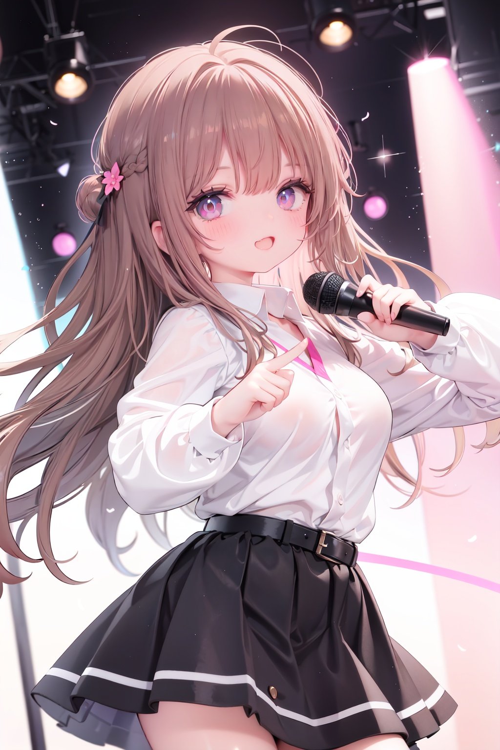  1girl, solo, microphone, smile, skirt, blush, brown eyes, long hair, open mouth, looking at viewer, brown hair, long sleeves, :d, shirt, bangs, belt, breasts, pink shirt, outstretched arm, music, black belt, medium breasts, holding microphone, singing