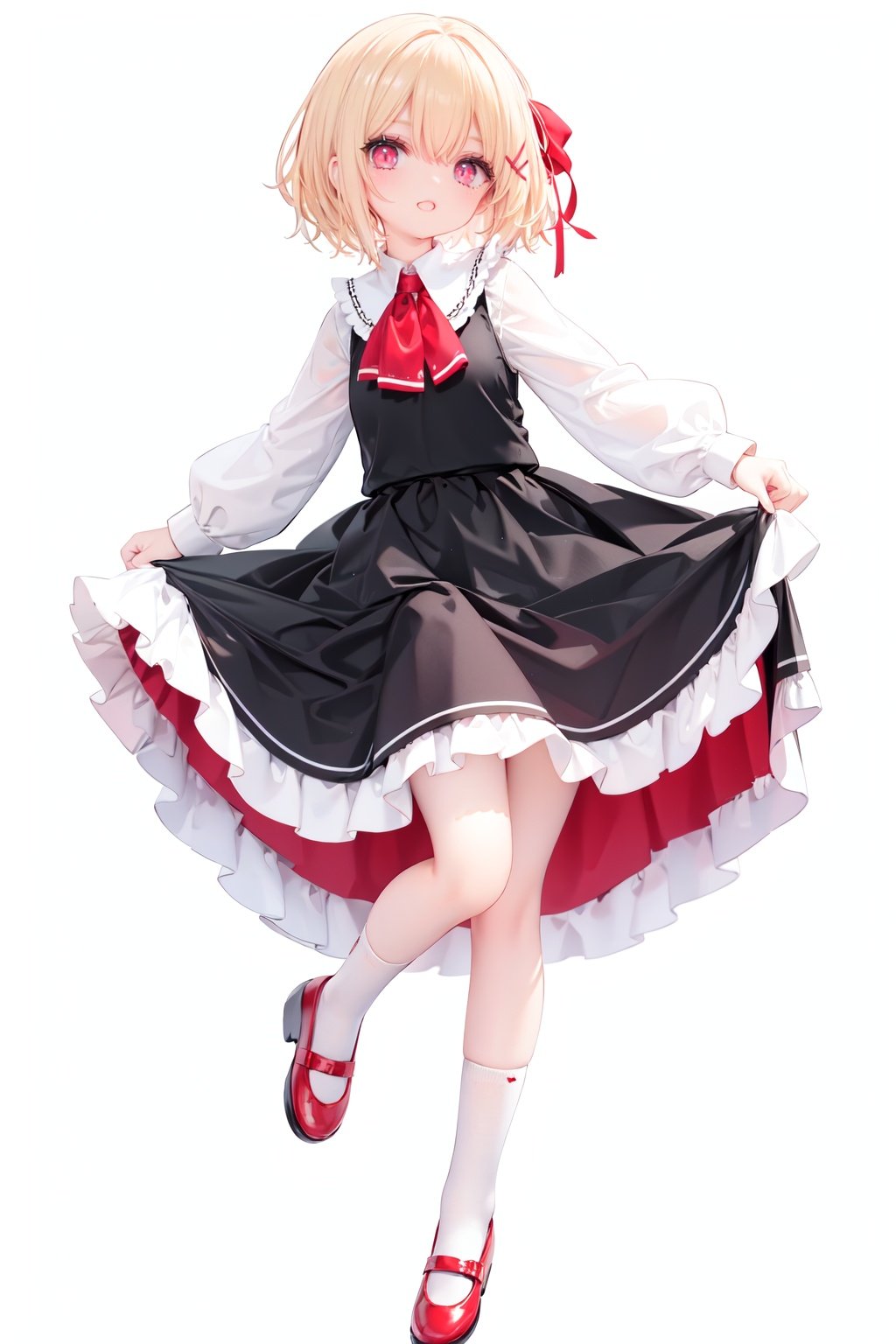  1girl, rumia, blonde hair, solo, white background, red eyes, red footwear, simple background, ascot, short hair, ribbon, open mouth, hair ribbon, smile, long sleeves, shirt, looking at viewer, red ascot, white socks, white shirt, red ribbon, shoes, socks, frills, bangs, outstretched arms, hair between eyes, skirt, :d, dress, vest, mary janes, black dress, black skirt, collared shirt, black vest, blush