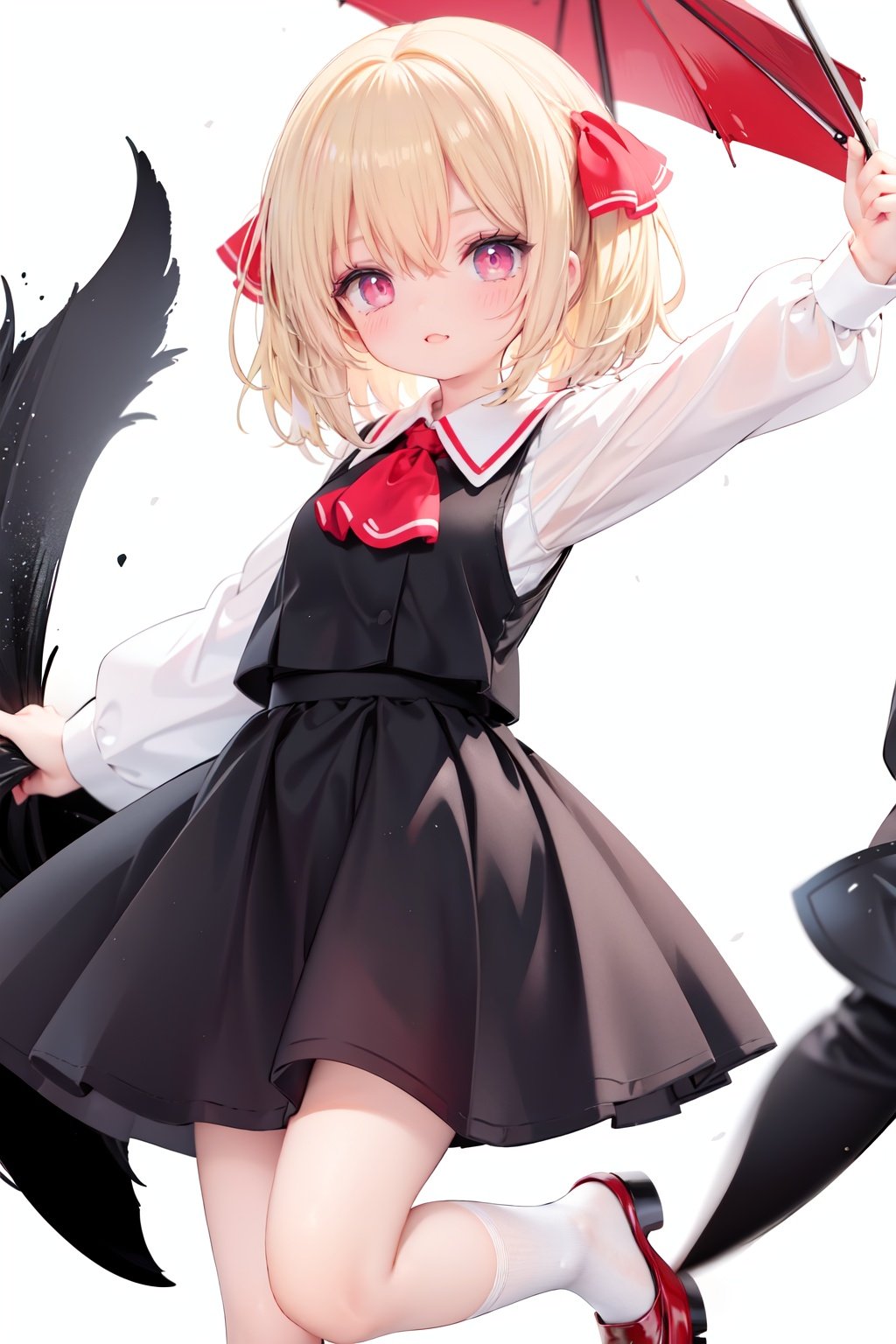  1girl, rumia, blonde hair, solo, white background, red eyes, red footwear, simple background, ascot, short hair, ribbon, open mouth, hair ribbon, smile, long sleeves, shirt, looking at viewer, red ascot, white socks, white shirt, red ribbon, shoes, socks, frills, bangs, outstretched arms, hair between eyes, skirt, :d, dress, vest, mary janes, black dress, black skirt, collared shirt, black vest, blush