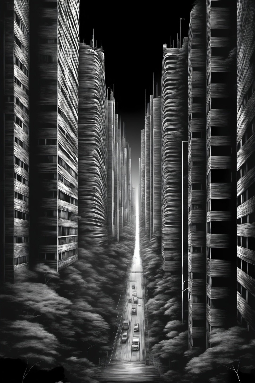 Huge and terrifying,Tunnel composition,perspective,JunjiIto,JunjiIto_qz, monochrome, greyscale, no humans, scenery, city, building, tree, 