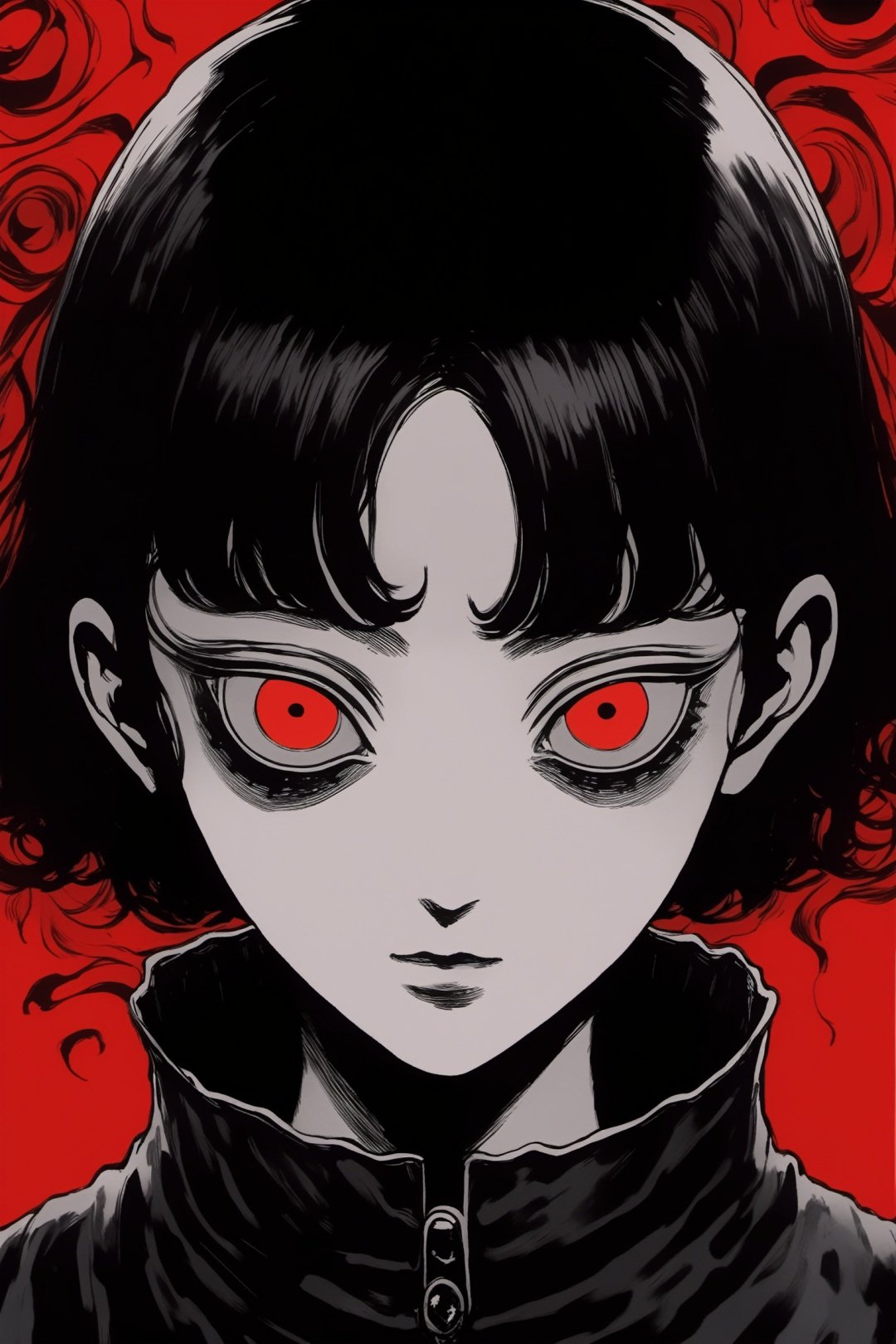 Huge and terrifying,perspective,JunjiIto,JunjiIto_qz, 1girl, solo, black hair, mole under mouth, looking at viewer, mole, red background, portrait, hair over one eye, wide-eyed, monochrome, traditional media, one eye covered, 