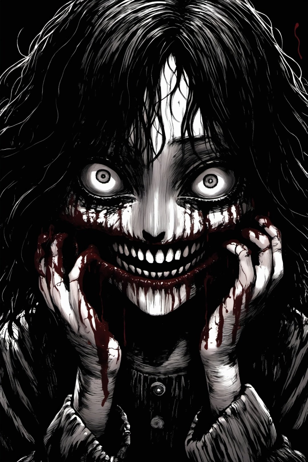 Huge and terrifying,perspective,JunjiIto,JunjiIto_qz, 1girl, solo, monochrome, greyscale, looking at viewer, crazy eyes, hair over one eye, horror \(theme\), teeth, messy hair, long hair, smile, open mouth, hands on own face, crazy smile, blood, black hair, blood on face, 