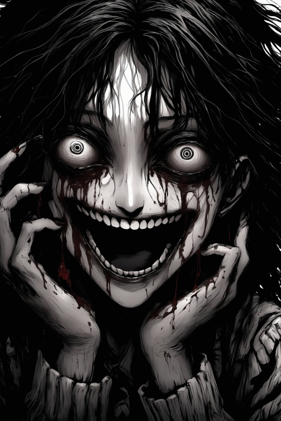 Huge and terrifying,perspective,JunjiIto,JunjiIto_qz, 1girl, solo, monochrome, greyscale, looking at viewer, crazy eyes, hair over one eye, horror \(theme\), teeth, messy hair, long hair, smile, open mouth, hands on own face, crazy smile, blood, black hair, blood on face, 