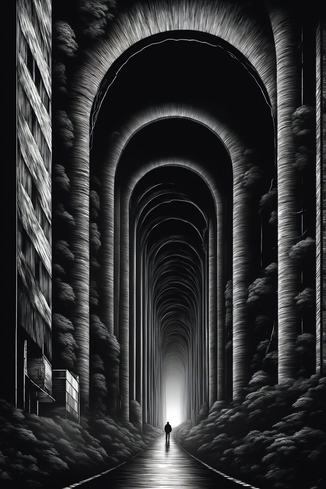 Huge and terrifying,Tunnel composition,perspective,JunjiIto,JunjiIto_qz, monochrome, greyscale, no humans, scenery, city, building, tree, 