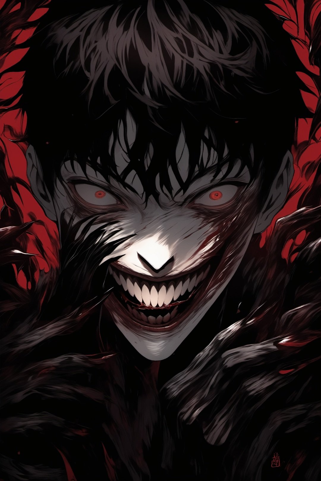 Huge and terrifying,perspective,JunjiIto,JunjiIto_qz, 1boy, teeth, male focus, looking at viewer, horror \(theme\), open mouth, solo, black hair, fingernails, smile, hands up, black nails, blood, monochrome, sharp teeth, short hair, 