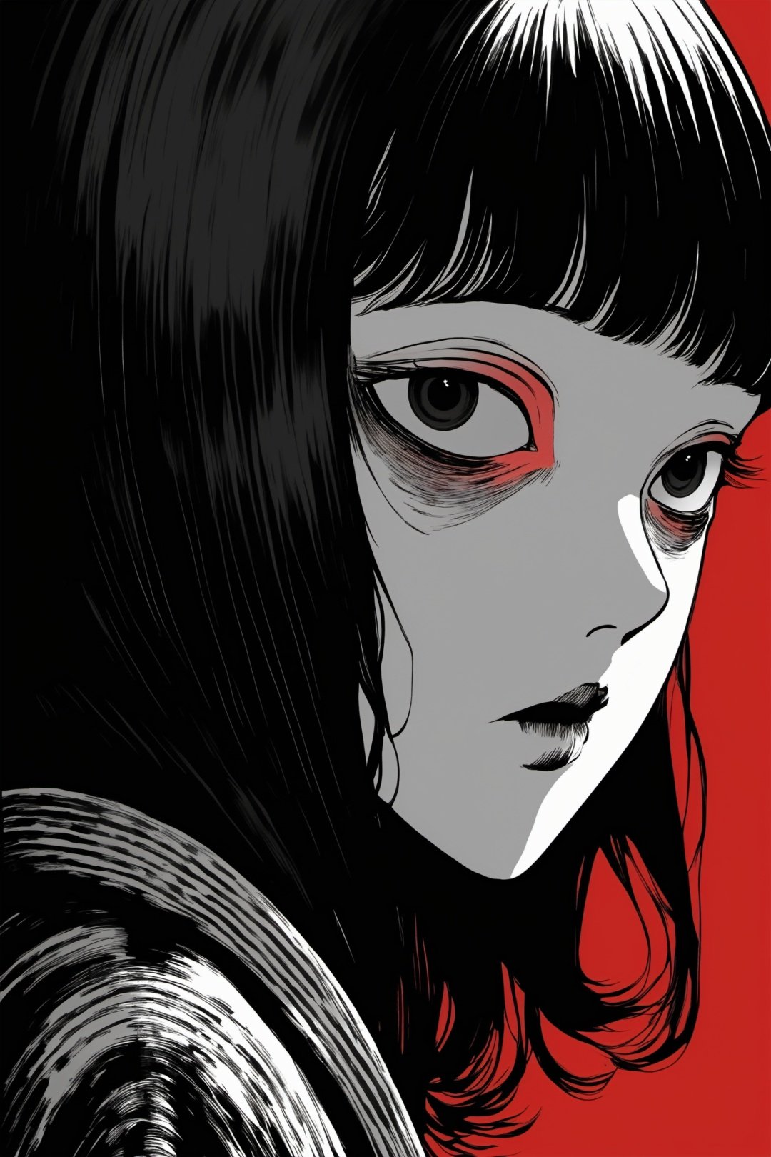 Huge and terrifying,perspective,JunjiIto,JunjiIto_qz, 1girl, solo, black hair, mole under mouth, looking at viewer, mole, red background, portrait, hair over one eye, wide-eyed, monochrome, traditional media, one eye covered, 
