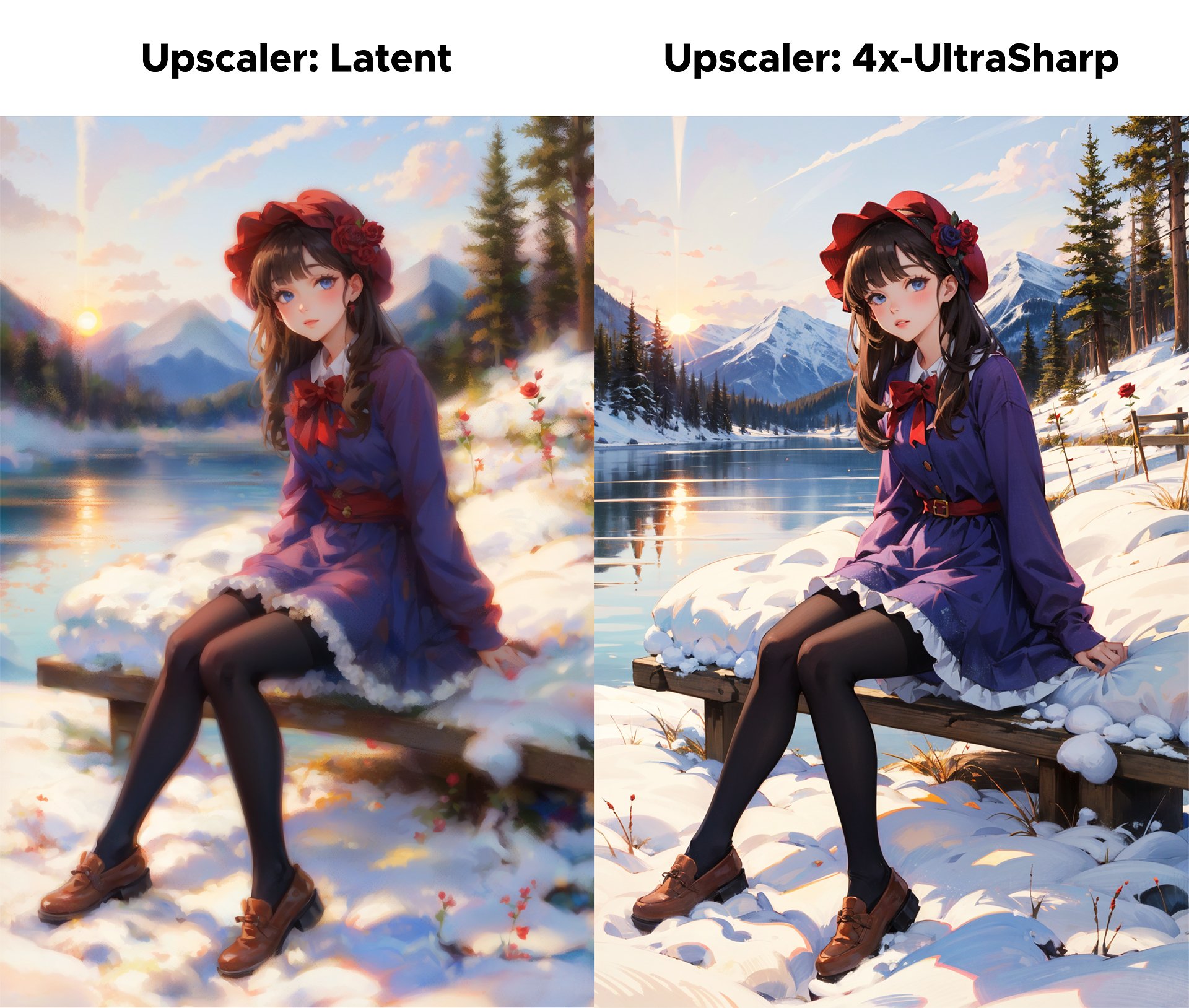 masterpiece,  best quality,  winter,  snow field,  1girl,  bangs,  blue eyes,  blunt bangs,  bonnet,  brown footwear,  brown hair,  dress,  frills,  fruit,  full body,  hat,  long hair,  long sleeves,  looking at viewer,  pantyhose,  purple dress,  red flower,  red rose,  rose,  shoes,  sitting,  solo,  sky,  sun,  mountain,  forest,  lake