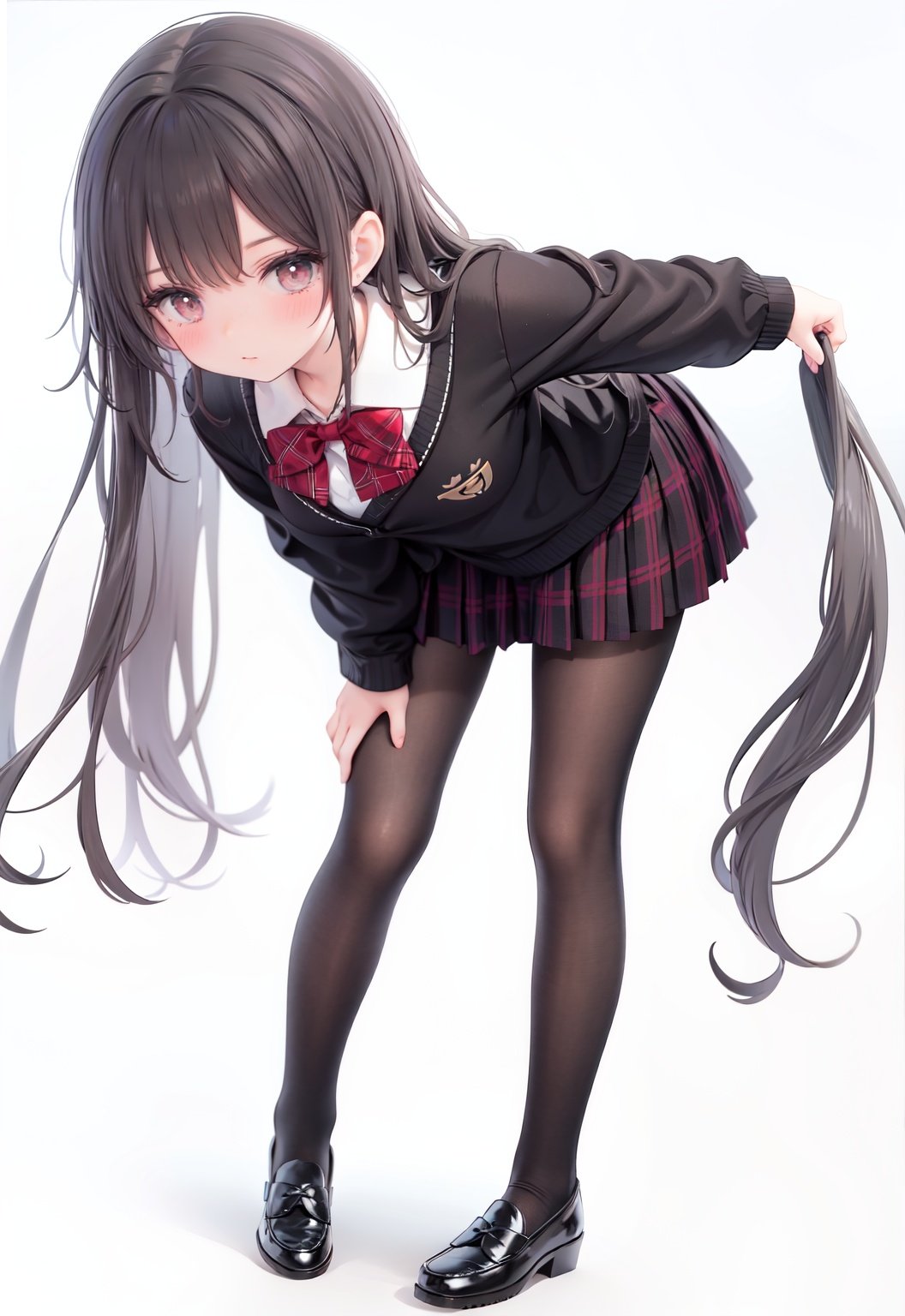  1girl, solo, pantyhose, skirt, long hair, loafers, shoes, simple background, school uniform, brown eyes, plaid, black pantyhose, plaid skirt, looking at viewer, black hair, pantyhose pull, full body, clothes pull, black footwear, pleated skirt, leaning forward, bangs, long sleeves, bent over, cardigan, bow, bowtie, standing, closed mouth, pulled by self, grey background, blush, miniskirt, red bow, sweater, undressing