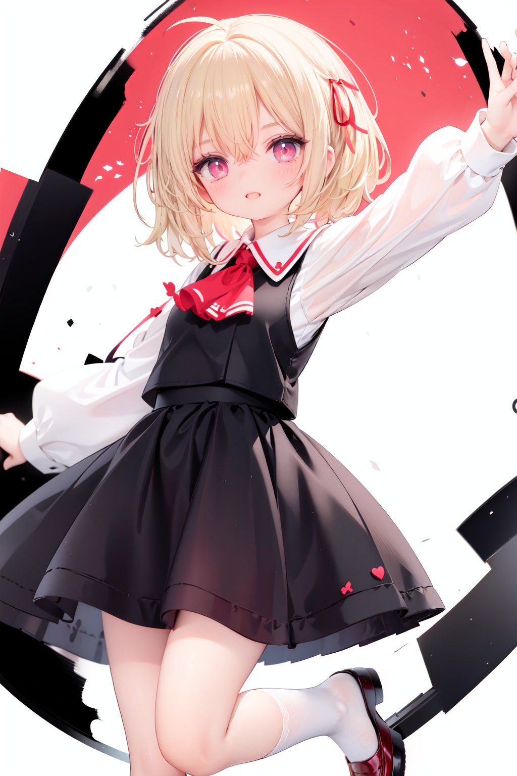  1girl, rumia, blonde hair, solo, white background, red eyes, red footwear, simple background, ascot, short hair, ribbon, open mouth, hair ribbon, smile, long sleeves, shirt, looking at viewer, red ascot, white socks, white shirt, red ribbon, shoes, socks, frills, bangs, outstretched arms, hair between eyes, skirt, :d, dress, vest, mary janes, black dress, black skirt, collared shirt, black vest, blush