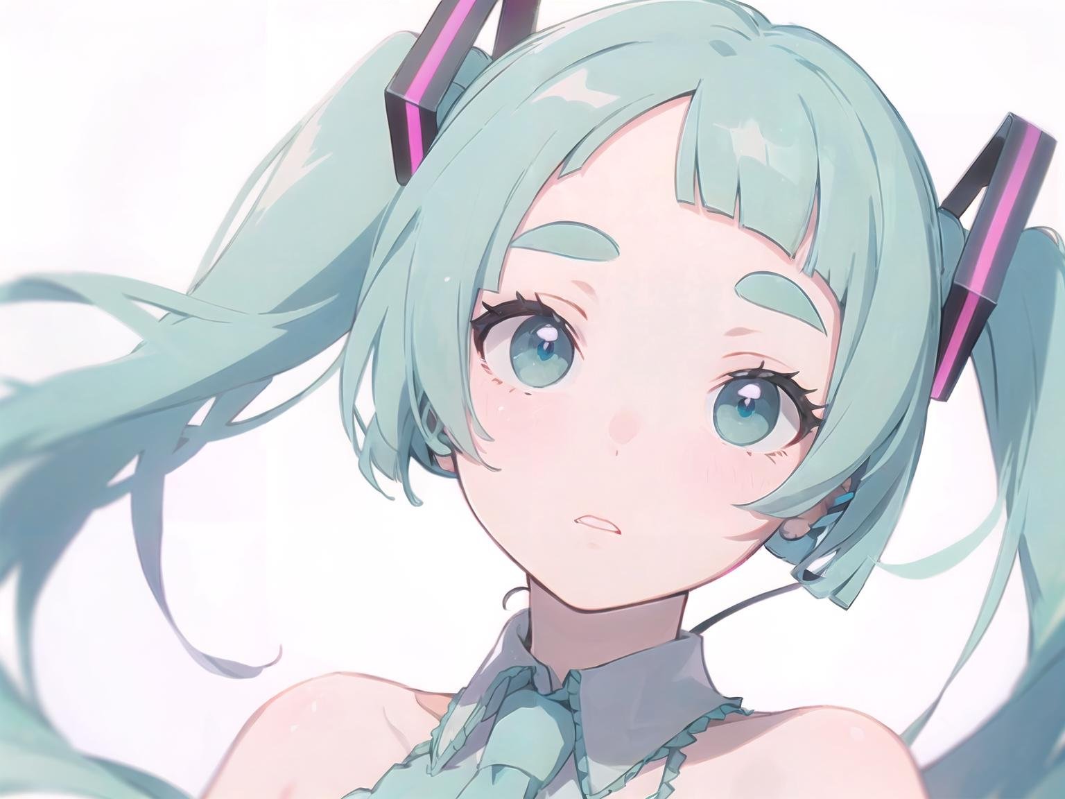 masterpiece, hatsune miku,(blunt bangs:1.3), (very short bangs:1.6), (forehead:0.8), bushy eyebrows,