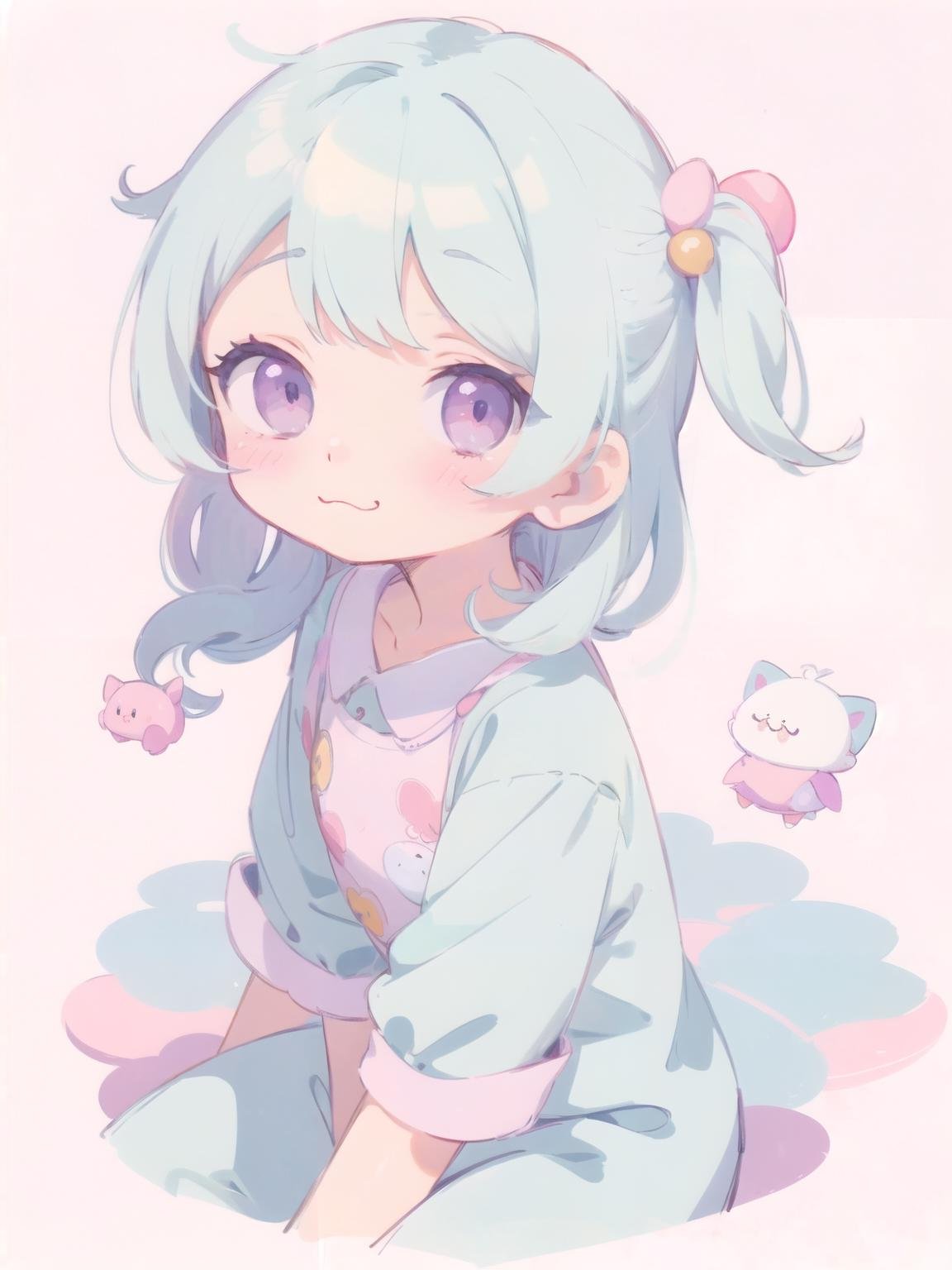 (cute illustration:1.4),(fuwafuwa illustration:1.3), (pastel color:1.3),(cute,kawaii,sweet:1.3),(dreamy,fancy:1.2),watercolor,(1girl,solo:1.1),chibi,