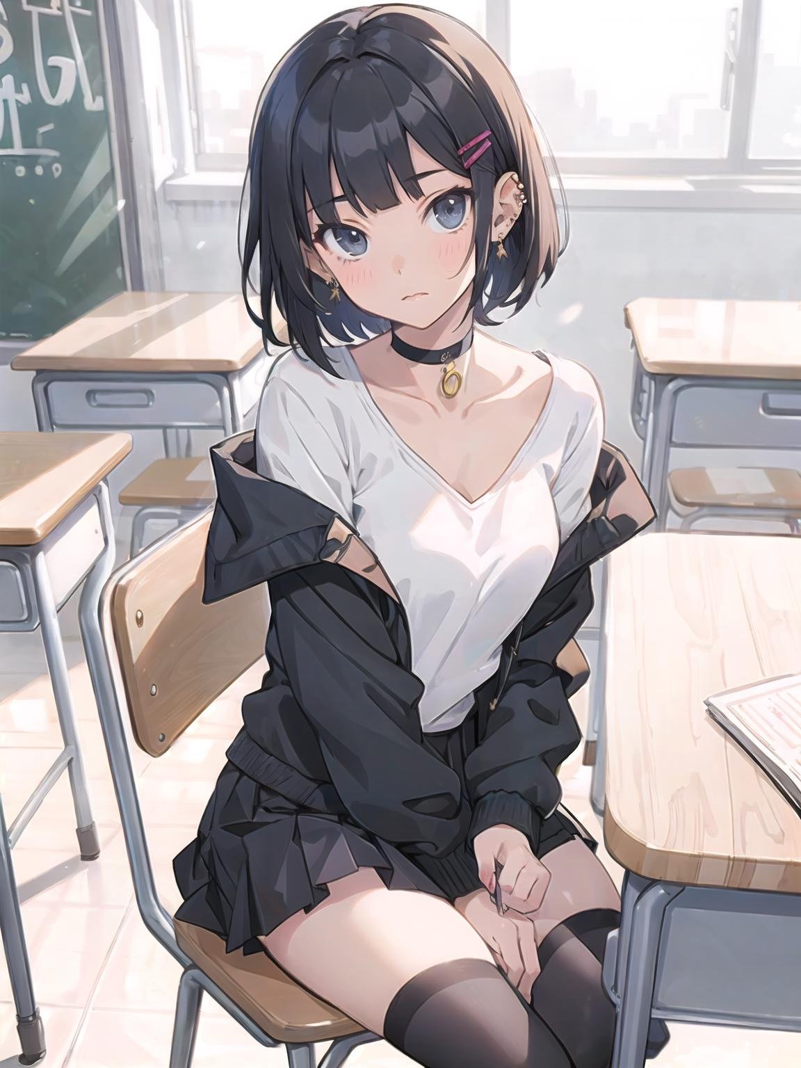 a girl sitting on a desk in a classroom with her legs crossed official art, a manga drawing, academic art,blunt bangs, black choker, black hair, black jacket, black legwear, black skirt, book, bookshelf, chair, chalkboard, choker, classroom, collarbone, desk, ear piercing, earrings, hair ornament, hairclip, indoors, jacket, jewelry, long sleeves, looking at viewer, off shoulder, on chair, on desk, pen, piercing, pleated skirt, school, school chair, school desk, school uniform, shirt, short hair, sitting, sitting on desk, skirt, solo, thighhighs, white shirt