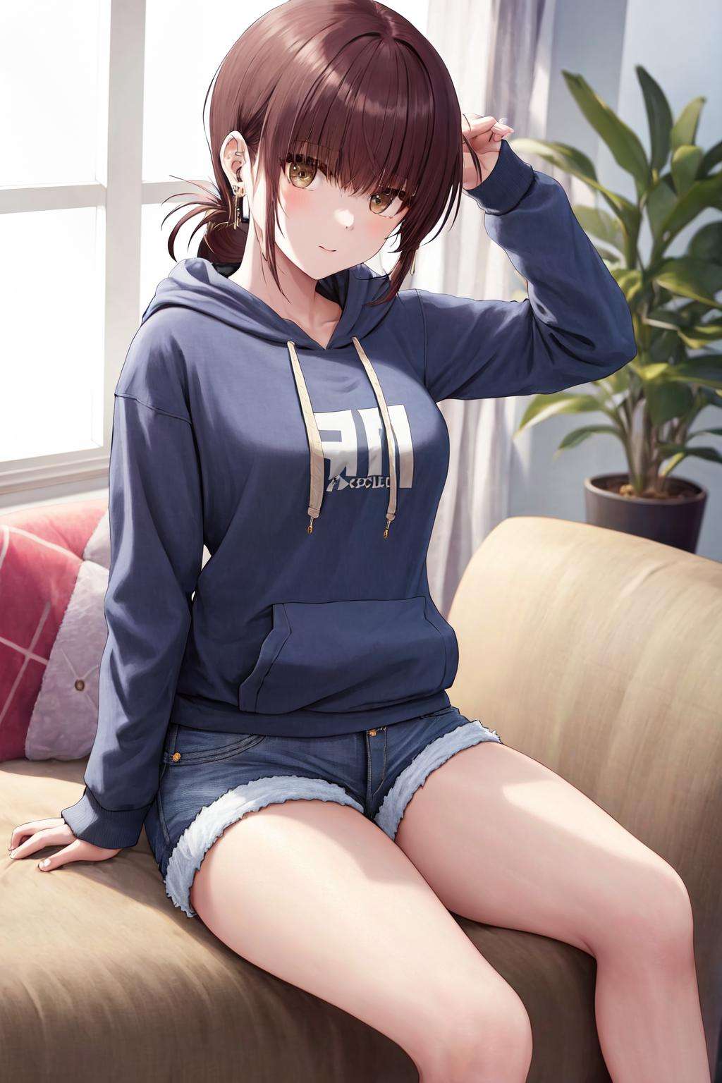 masterpiece, best quality, highres, 1girl folded ponytail earrings <lora:tayama_yamada_no_outfit:1> hoodie, denim shorts