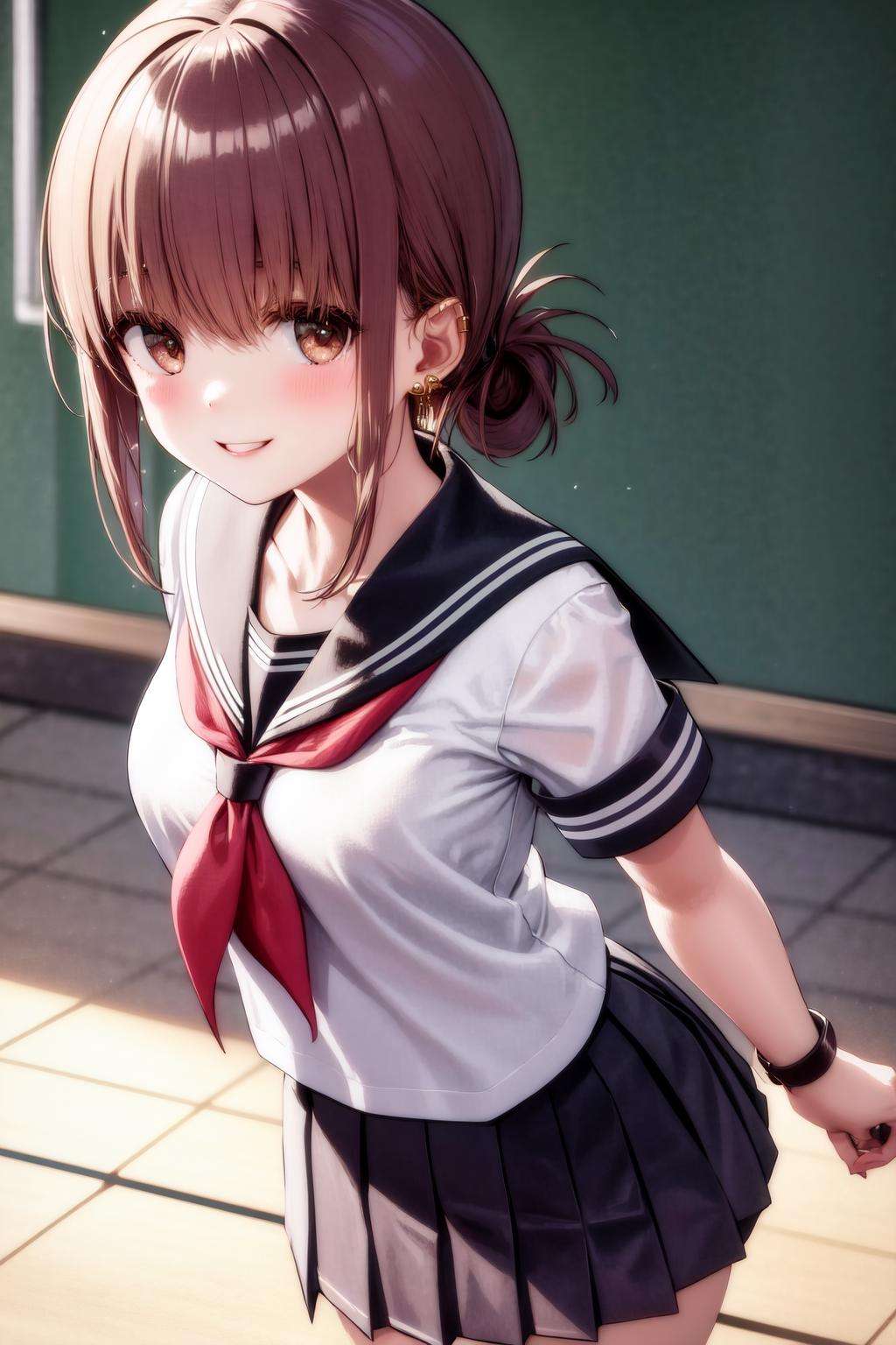 masterpiece, best quality, highres, 1girl folded ponytail earrings <lora:tayama_yamada_no_outfit:1> serafuku, school uniform, pleated skirt smile