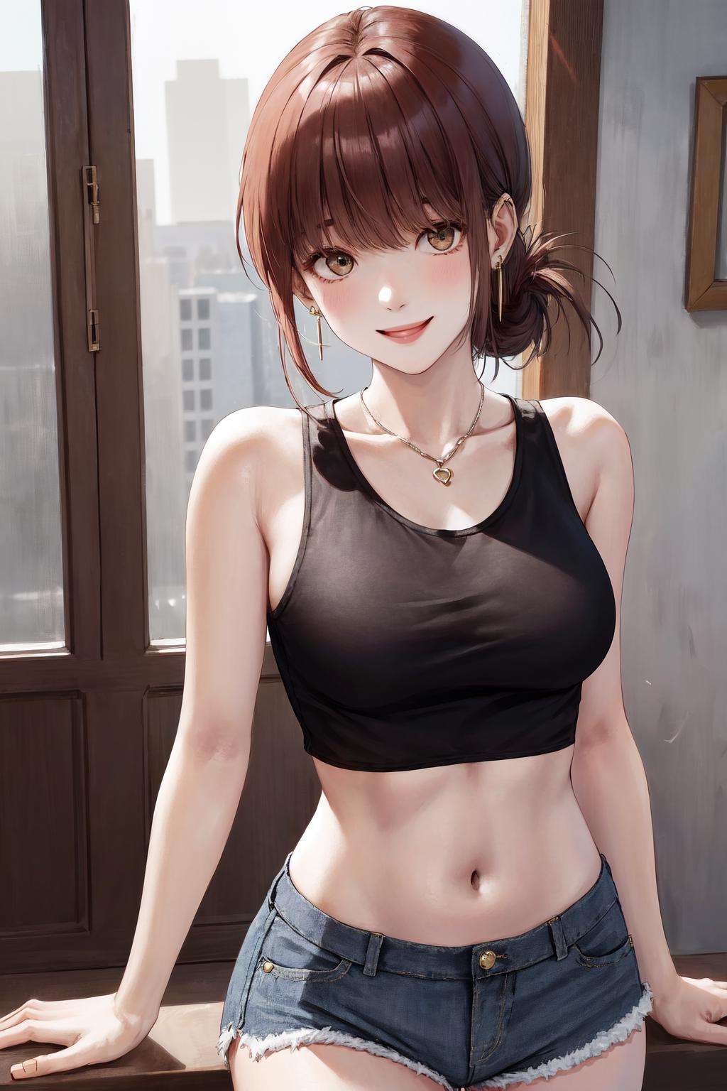 masterpiece, best quality, highres, 1girl folded ponytail earrings <lora:tayama_yamada_no_outfit:1> tank top, midriff, denim shorts, smile