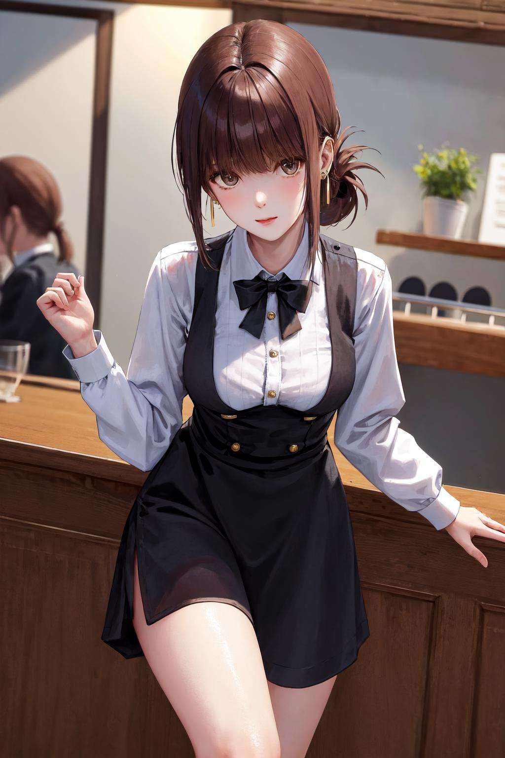 masterpiece, best quality, highres, 1girl folded ponytail earrings <lora:tayama_yamada_no_outfit:1> waitress, uniform, striped shirt, apron