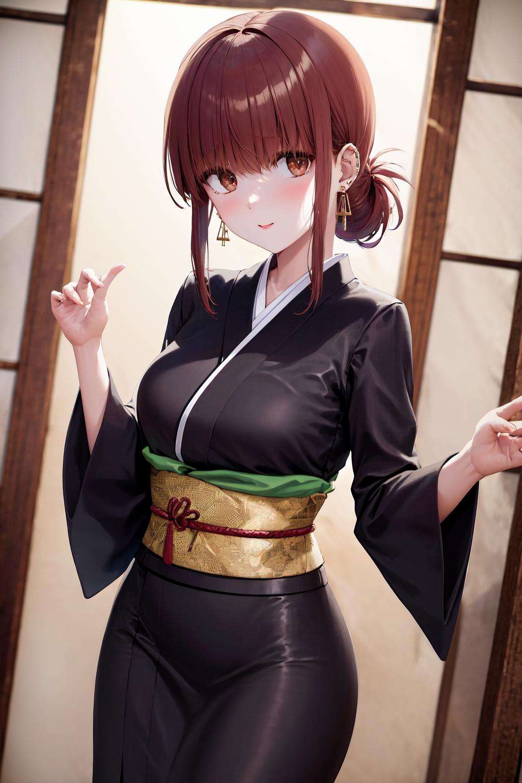 masterpiece, best quality, highres, 1girl folded ponytail earrings <lora:tayama_yamada_no_outfit:1> kimono