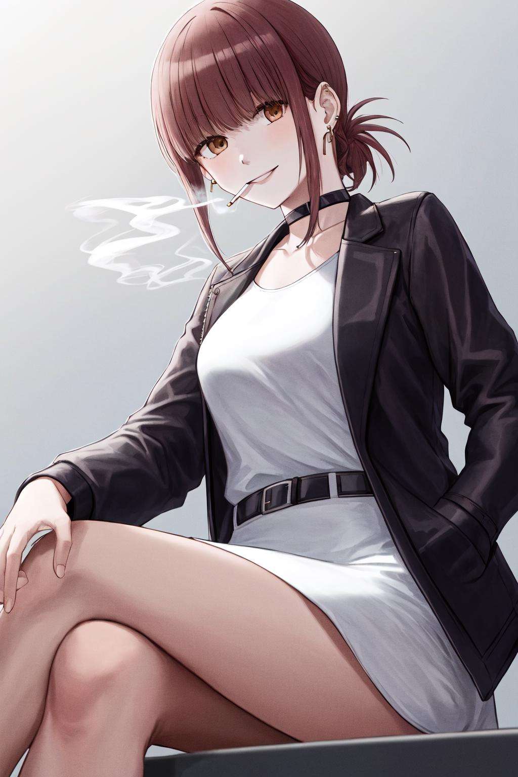 masterpiece, best quality, highres, 1girl folded ponytail earrings, black choker black jacket white shirt belt white dress skirt <lora:tayama_yamada:1> hands in pockets, smile, smoking, cigarette, mouth hold, sitting, crossed legs