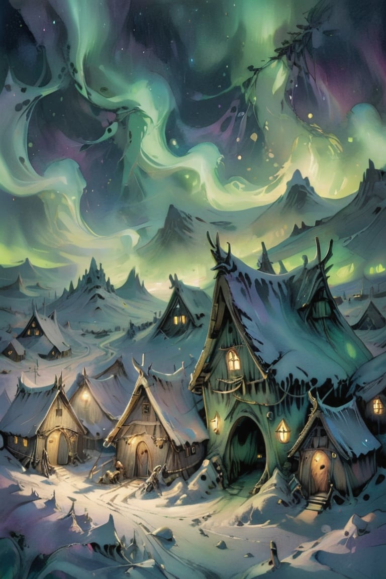 Visualize a Viking village under the Northern Lights, as if illustrated by Brian Froud | fantastical landscape, detailed weird and wonderful,