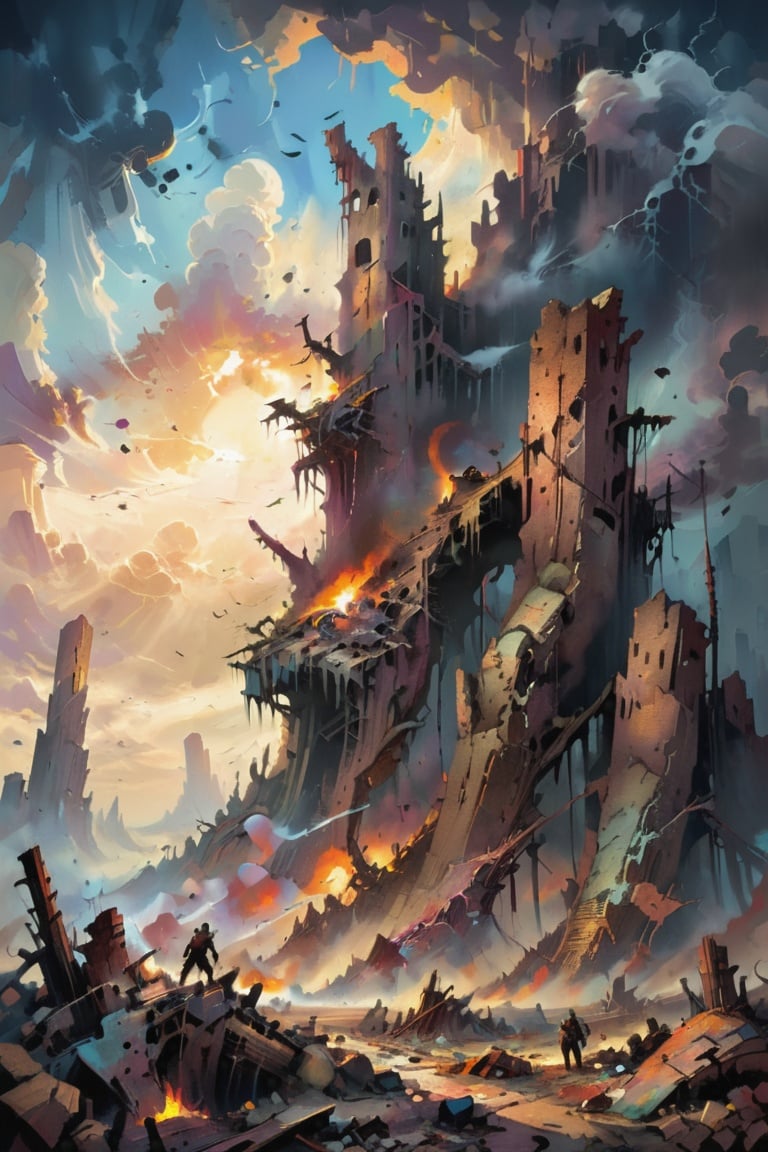 Create a post-apocalyptic wasteland with towering ruins and scavengers, detailed image with dramatic sky, inspired by the works of Frank Frazetta.