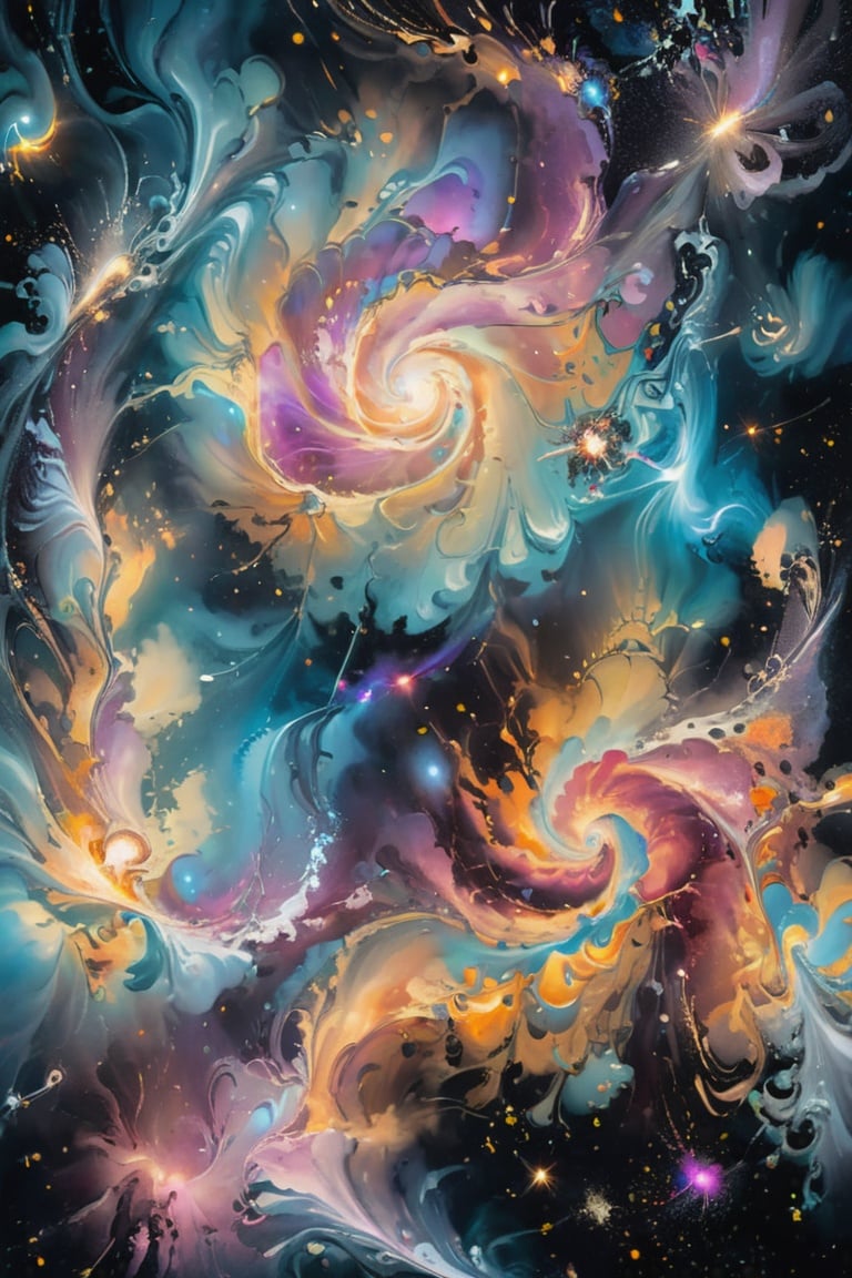 Depict a celestial scene with swirling galaxies and cosmic phenomena, reminiscent of Hubble Space Telescope images.