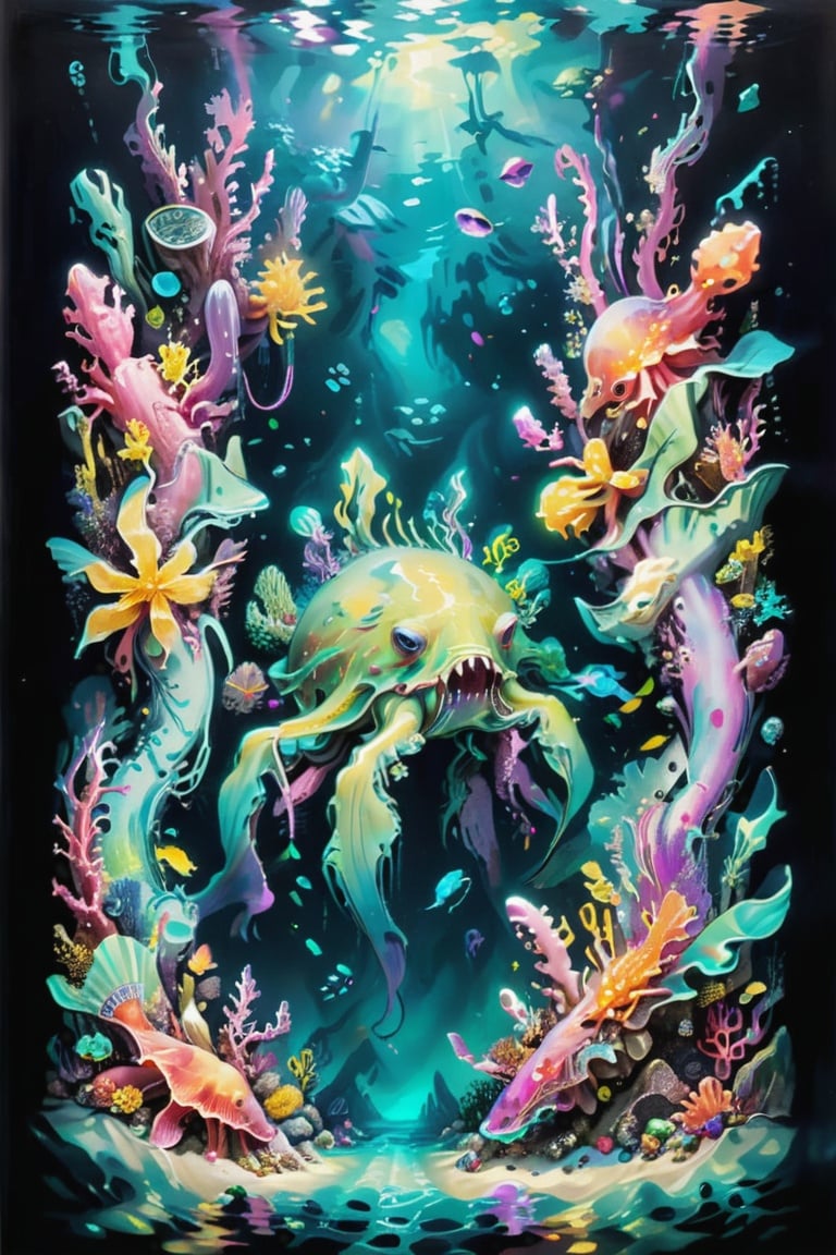 Craft an underwater world with bioluminescent creatures and sunken treasures, as if painted by drug induced hyper realist,