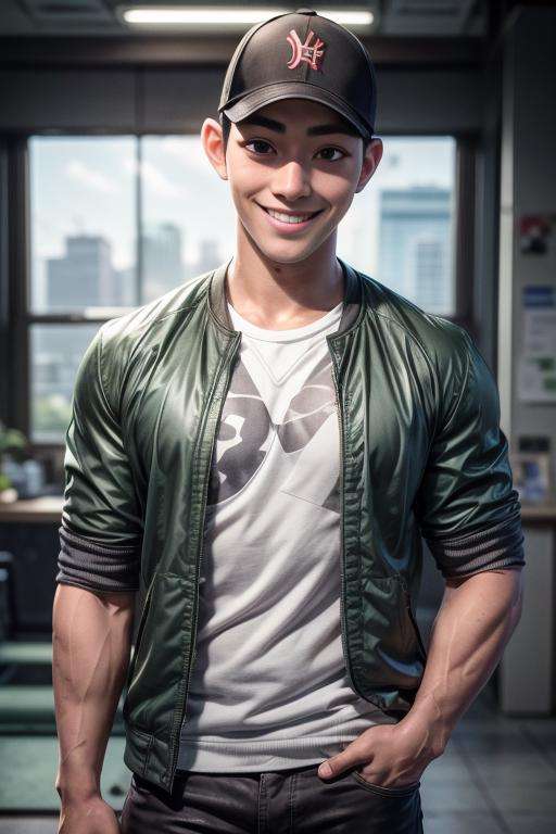 tadashi_hamada, asian, short hair, 25 years old, stubble, young man, muscular, large pectorals, broad shoulders,  baseball cap, shirt, jacket, smile, realistic  <lora:tadashi_hamada:0.6>,  <lora:add_detail:1>