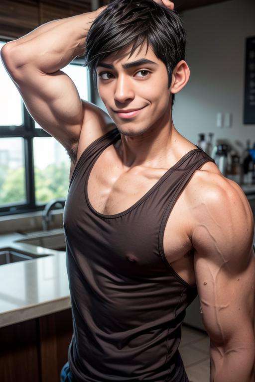 tadashi_hamada, full torso, muscular, hands behind head, hairy armpits, broad shoulders, large pectorals asian, black hair, stubble, tank top, looking at you, smirk, raising eyebrow, brown eyes, laboratory, daylight, realistic <lora:tadashi_hamada-25:0.58>,  <lora:add_detail:1>