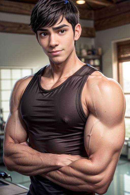 tadashi_hamada, full torso, muscular, hands behind head, hairy armpits, broad shoulders, large pectorals asian, black hair, stubble, tank top, looking at you, crossed arms, smirk, raising eyebrow, brown eyes, laboratory, daylight, realistic <lora:tadashi_hamada-25:0.58>,  <lora:add_detail:1>