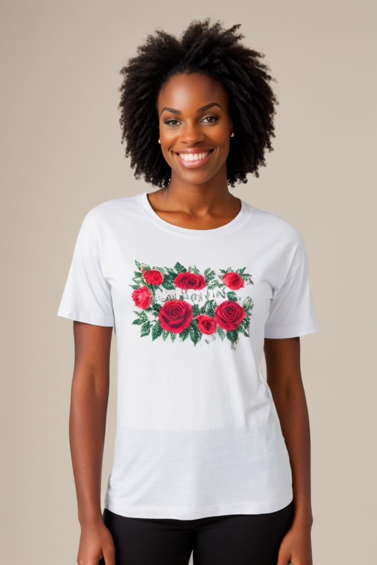 A beautiful woman wearing just a long loose white t-shirt, with roses printed on it