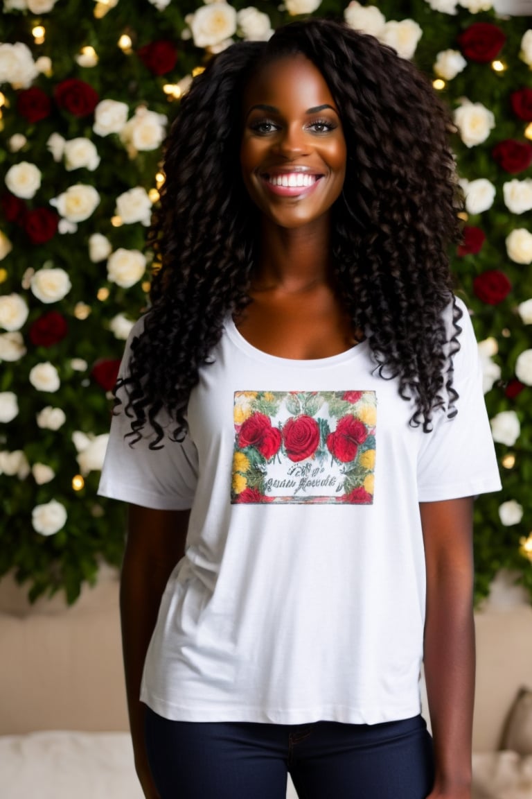A beautiful woman wearing just a long loose white t-shirt, with roses printed on it
