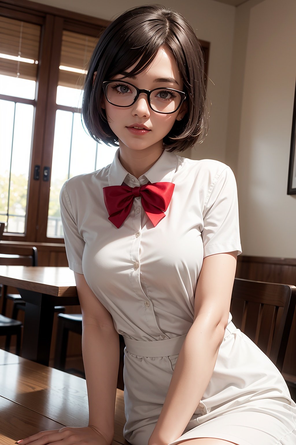 A photo of a young, nerdy woman sitting in a caf, wearing a white shirt and a bow, surrounded by a cozy atmosphere, looking at the viewer.
short hair, slender, red lips, transparent fabric, flirting with the camera
