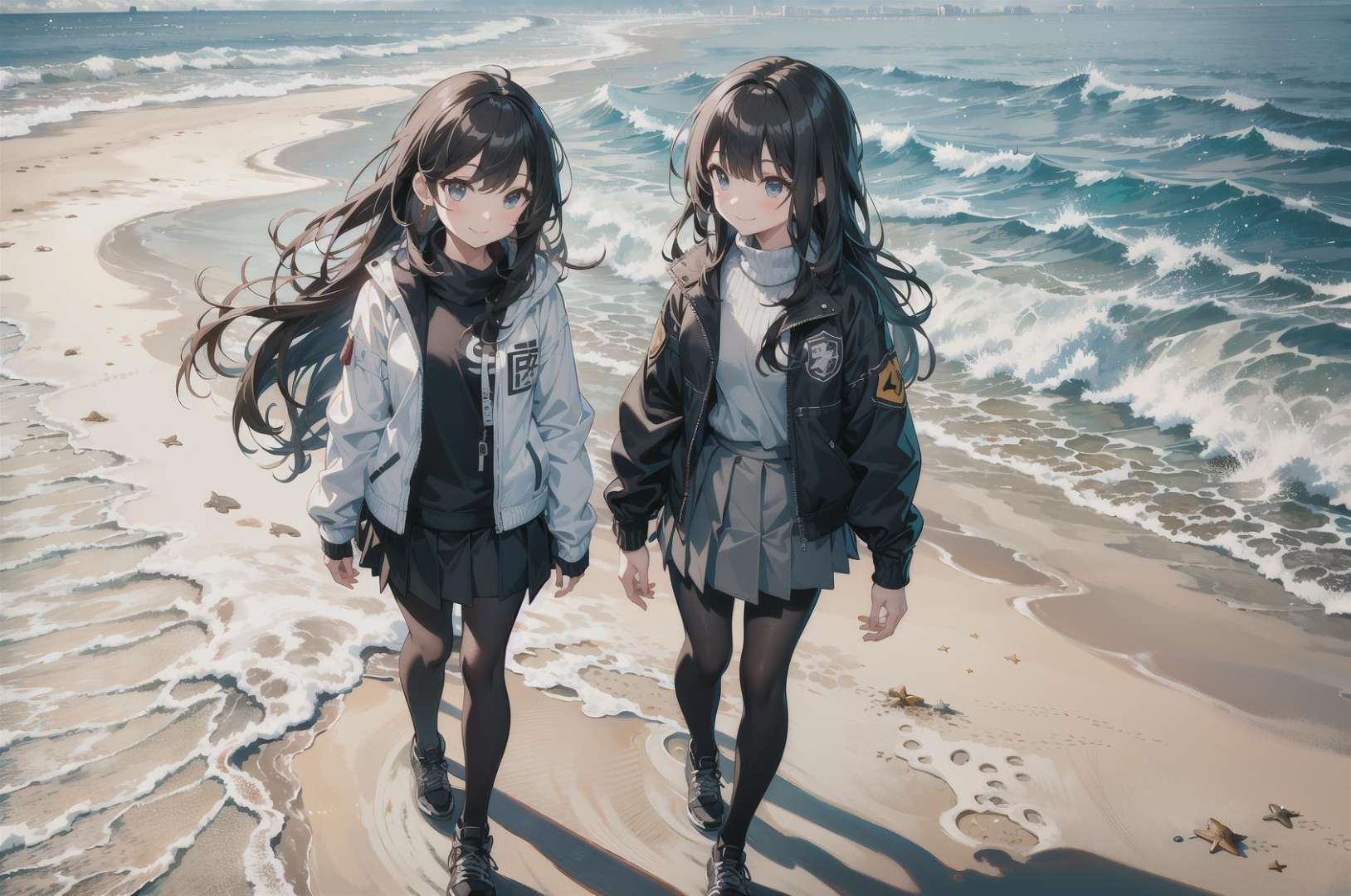 (masterpiece, best quality), (from above:1.4), 2girls walking along a beach together, multiple girls,sun light, long hair, footprints, beach, sand, black hair, ocean, day, shoes, walking, jacket, shore, grey skirt, black jacket, waves, pantyhose, pleated skirt, standing, shadow, smile, white skirt