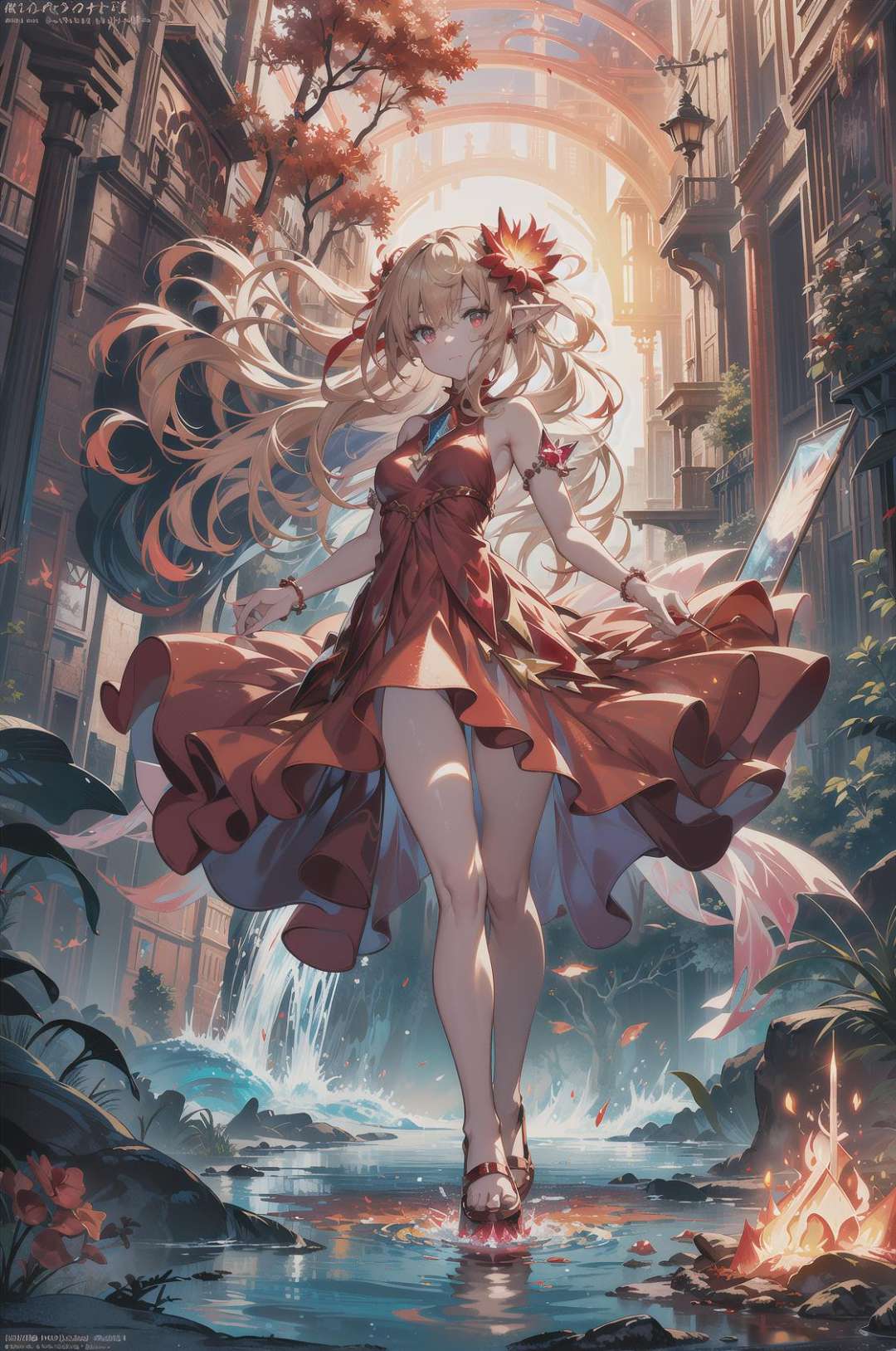 masterpiece, best quality,extremely detailed CG unity 8k wallpaper, best quality, extremely detailed, detailed, art of light novel cover,highres,anime screencap, light novel illustration,cel shading, (outdoors, nature,sea,blue water,blue sky with red_clouds:1.25),stars,blood moon,(fire world),(burning world),(red sea:1.5),flame flowers, grass,(detailed transparent ruby:1.4),(colorful refraction),(floating flames:1.4),(Floating fire:1.5) on the water,(Flowing magma:1.4),A lot of flames, transparent and neon highlights,(legendary red crystal elf), anthropomorphic, (red crystal elements:1.8), (complex details) ,(1girl:1.3),(solo),(full body),(Standing on the Crystal Fire_lotus), (body surrounded by fire),(flames attached to feet),(beautiful and delicate eyes), glowing red eyes,exquisite face, cowboy shot, (messy floating long blonde hair), messy hair, head decoration, small breasts,(lovely), focus, (fantasy wind), (Colorful and see-through red chiffon dress:1.3), (complex details),Flame attached to clothes, 14 years old, clamp-style, clear lines, magic effects, high resolution ,85mm, f1.8, photo realistic,