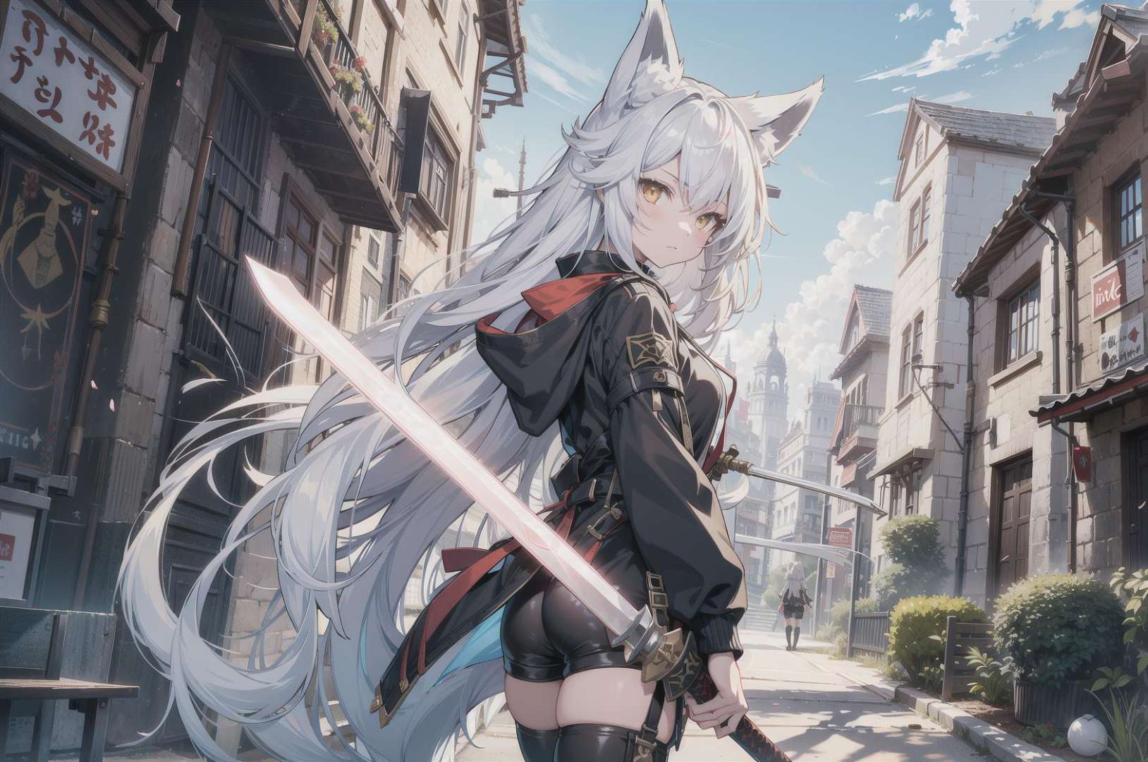 a girl with flowing black and white hair has a sword in her hand, 1girl, animal ears, weapon, fox ears, tail, solo, white hair, long hair, sword, fox tail, fox girl, holding, shorts, looking at viewer, extra ears, holding weapon, bangs, yellow eyes, holding sword, looking back, jacket, sky, outdoors, sheath, black shorts, thighhighs,