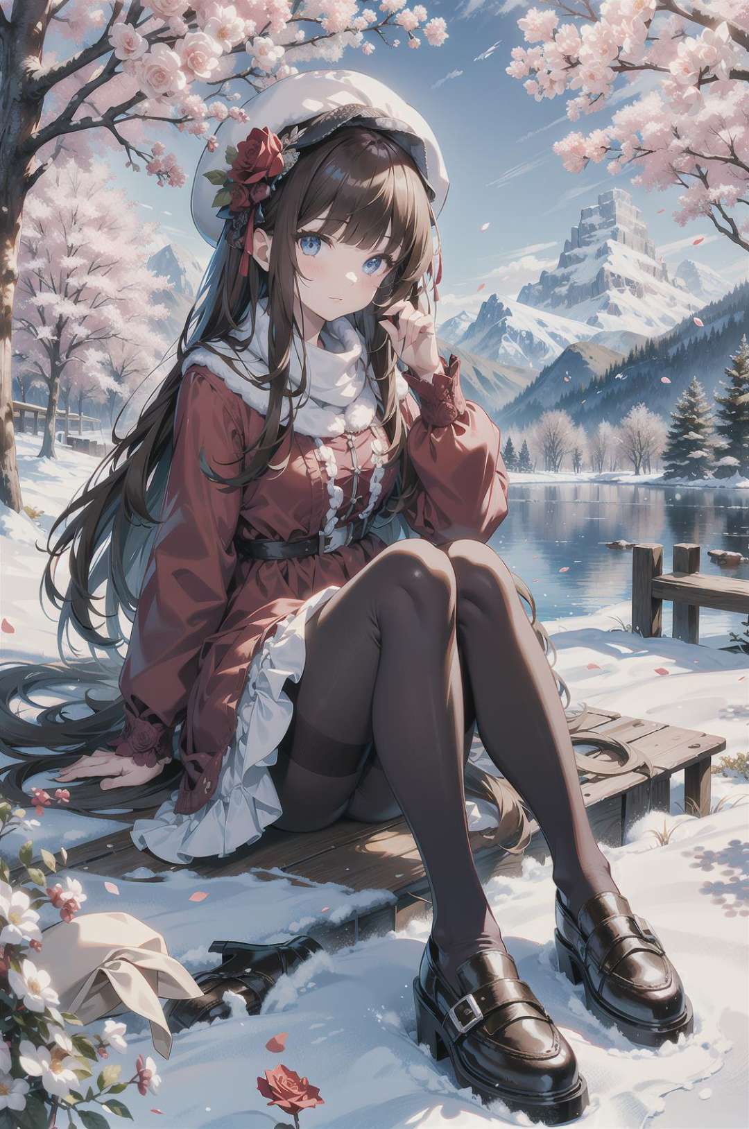 masterpiece, best quality, winter, snow field, 1girl, bangs, blue eyes, blunt bangs, bonnet, brown footwear, brown hair, dress, frills, fruit, full body, hat, long hair, long sleeves, looking at viewer, pantyhose, purple dress, red flower, red rose, rose, shoes, sitting, solo, sky, sun, mountain, forest, lake,