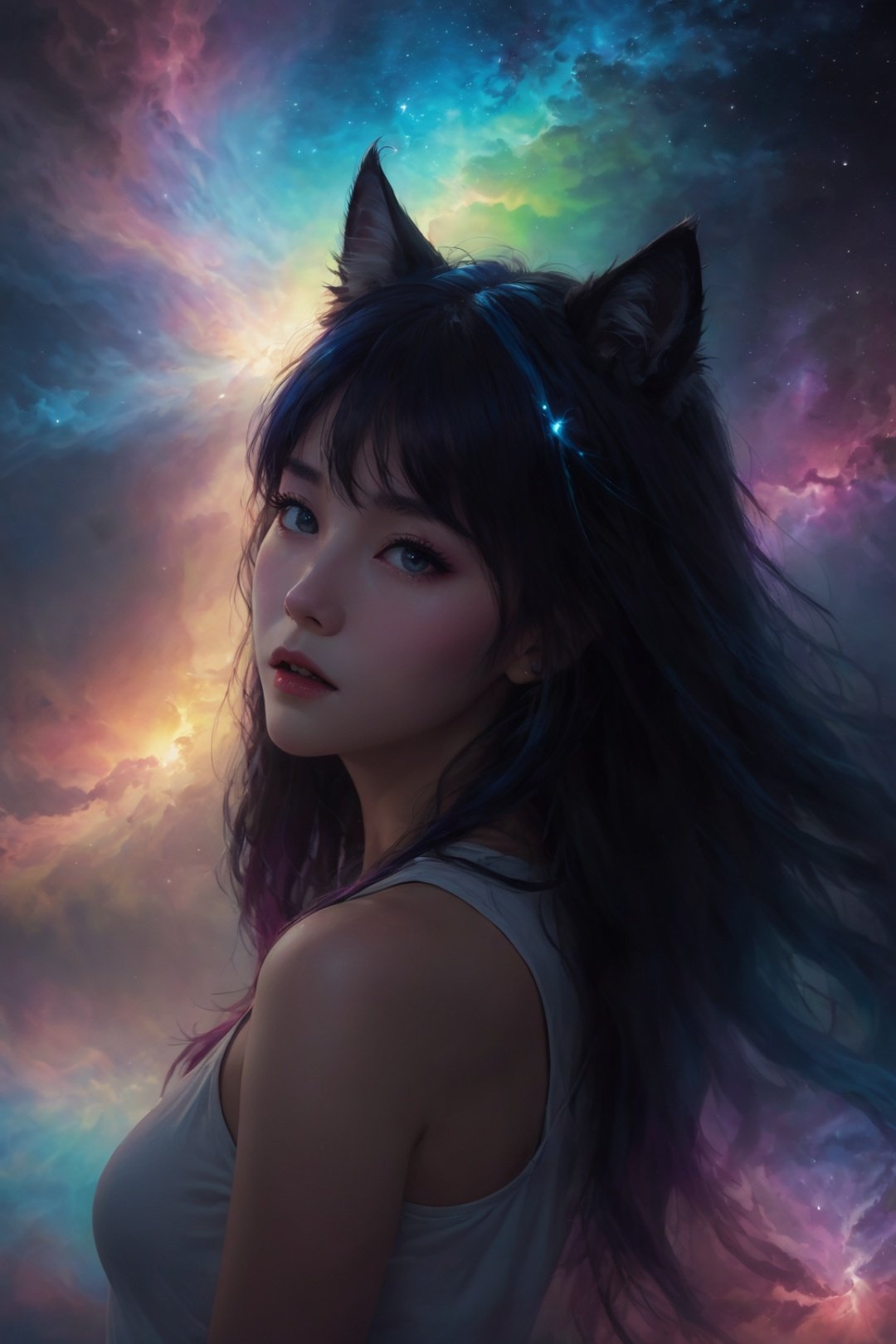  masterpiece, best quality, ultra high res, highly detailed, (psychedelic art:1.4), (woman, demon:1.3), (floating in dark mist:1.1), furry girl with a (Ragdoll\(cat\)), anime furry women, ((best quality)), ((masterpiece)), ((realistic)), (detailed), portrait, close up, young female, RAW photo, uhd, dslr, rainbow hair, high quality, realistic, photo realistic, dreamlikeart, lens flare, upper body, looking at viewer, animal focus, furry, wolf fursuit, 1girl, cute, kawaii, lovely, fur, fur head, wolf head, narrow waist, wolf ears, black chocker, blush, paw, paw shoes, rainbow clothes, stunning gradient colors, no watermark signature, detailed background, woods, small lake with island, insanely detailed, visually stunning, wicked, hypnotic, alluring, cowboy shot, intricate, perferct shading, veil, beautiful, award-winning illustration, cosmic space background, ethereal atmosphere, ultra quality, beautiful girl, cosmical concept, rainbow strings, rainbow skin, rainbow bloody veins growing and intertwining out of the darkness, nailed wire, oozing thick blue blood, sharp neon, veins growing and pumping blood, vascular networks growing, green veins everywhere, yin and yang, glowing space, glowing stars, infinity symbol, dynamic pose, flying pose, glowing body, (rainbow aura:1.1), beautiful angel, clockwork, lightning, majestic, breathtaking, guangying on face