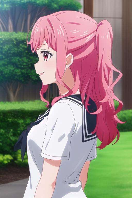 masterpiece, best quality, highly detailed background, perfect lightingbest quality, <lora:Yanagida-Kaoruko:0.9>, 1girl, solo, upper body, pink hair, bangs, sidelocks, long hair, ponytail, pink eyes, breasts, shirt, white shirt, short sleeves, neckerchief, green neckerchief, serafuku, sailor collar, white sailor collar, school uniform, smile.