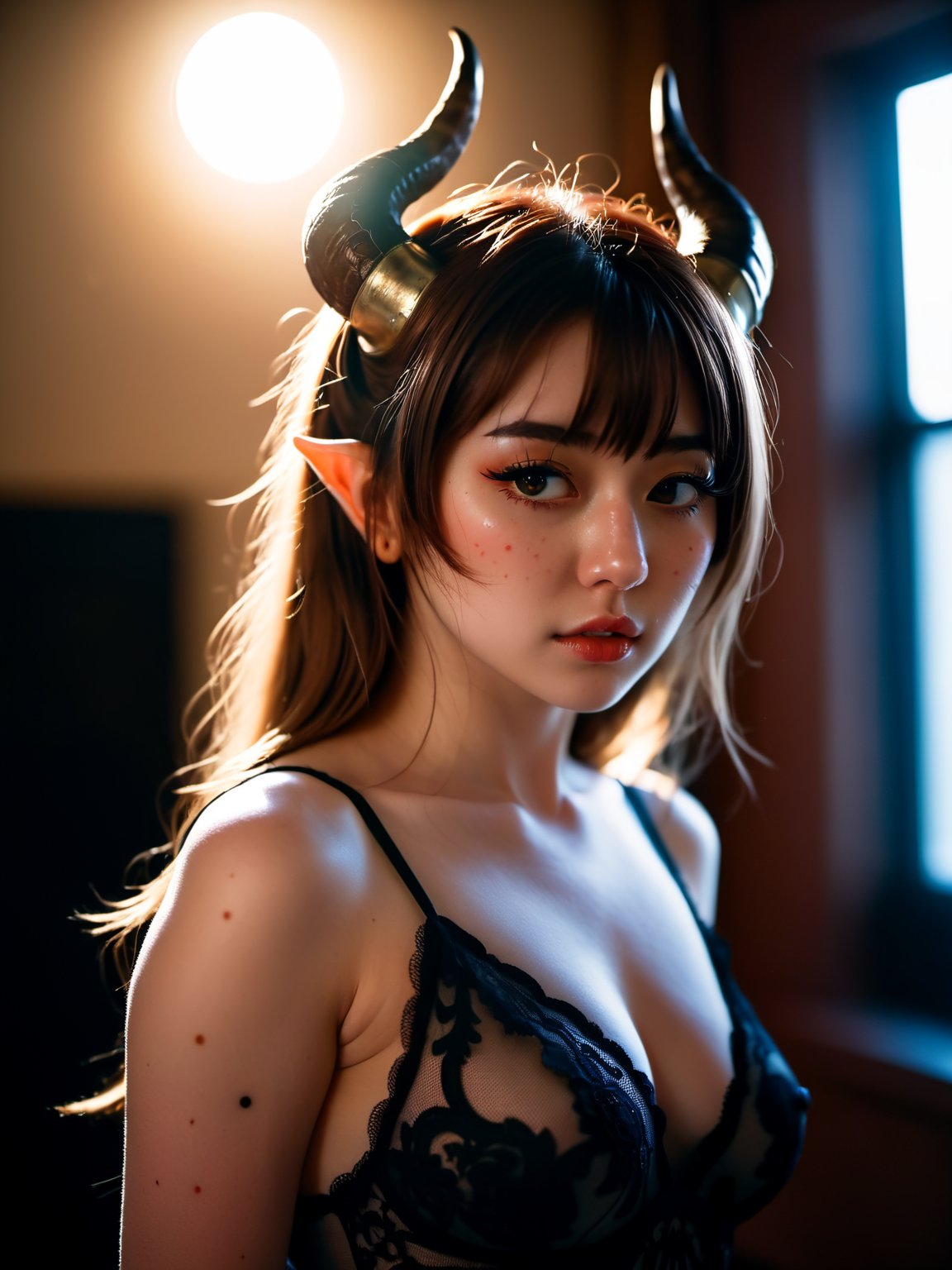 (Highest Quality, 4k, masterpiece, Amazing Details:1.1), bokeh, wide angle picture of a sexy and submissive 25yo sophisticated demon girl (she has empty eyes, (masturbation:1.5), (skin imperfections like small moles, freckles or marks:1.12), demon horns and big black glowing demonic wings) wearing only a nightgown, she is posing elegant side looking, turning her face (like a magical ilustration), film grain, fujifilm, kodak portra, professional photography, 35mm lens, f/1.8, ISO 100, soft and diffused lighting, goosebumps, ultra realistic, trending on instagram, (photorealistic) (RAW Photo)