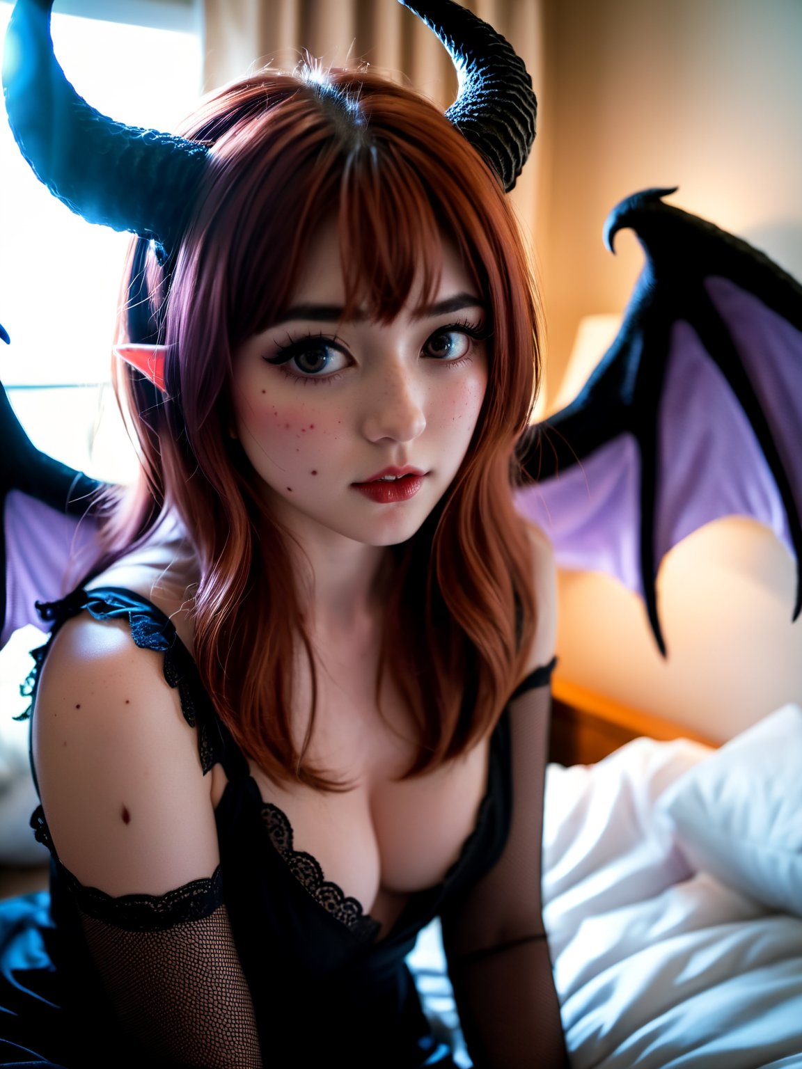 (Highest Quality, 4k, masterpiece, Amazing Details:1.1), bokeh, wide angle picture of a sexy and submissive 25yo sophisticated demon girl (she has empty eyes, (masturbation:1.5), (skin imperfections like small moles, freckles or marks:1.12), demon horns and big black glowing demonic wings) wearing only a nightgown, she is posing elegant side looking, turning her face (like a magical ilustration), film grain, fujifilm, kodak portra, professional photography, 35mm lens, f/1.8, ISO 100, soft and diffused lighting, goosebumps, ultra realistic, trending on instagram, (photorealistic) (RAW Photo)