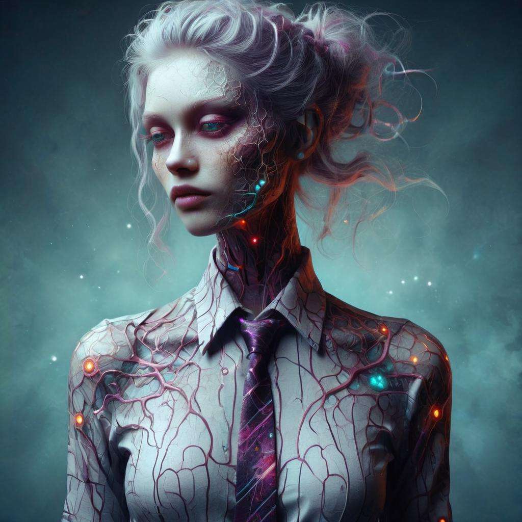 detailed DonMD3m0nXL woman, shirt with tie, cyberpunk, sci-fi,colorful, whimsical, fairytale <lora:DonMD3m0nXL-000010:0.8>