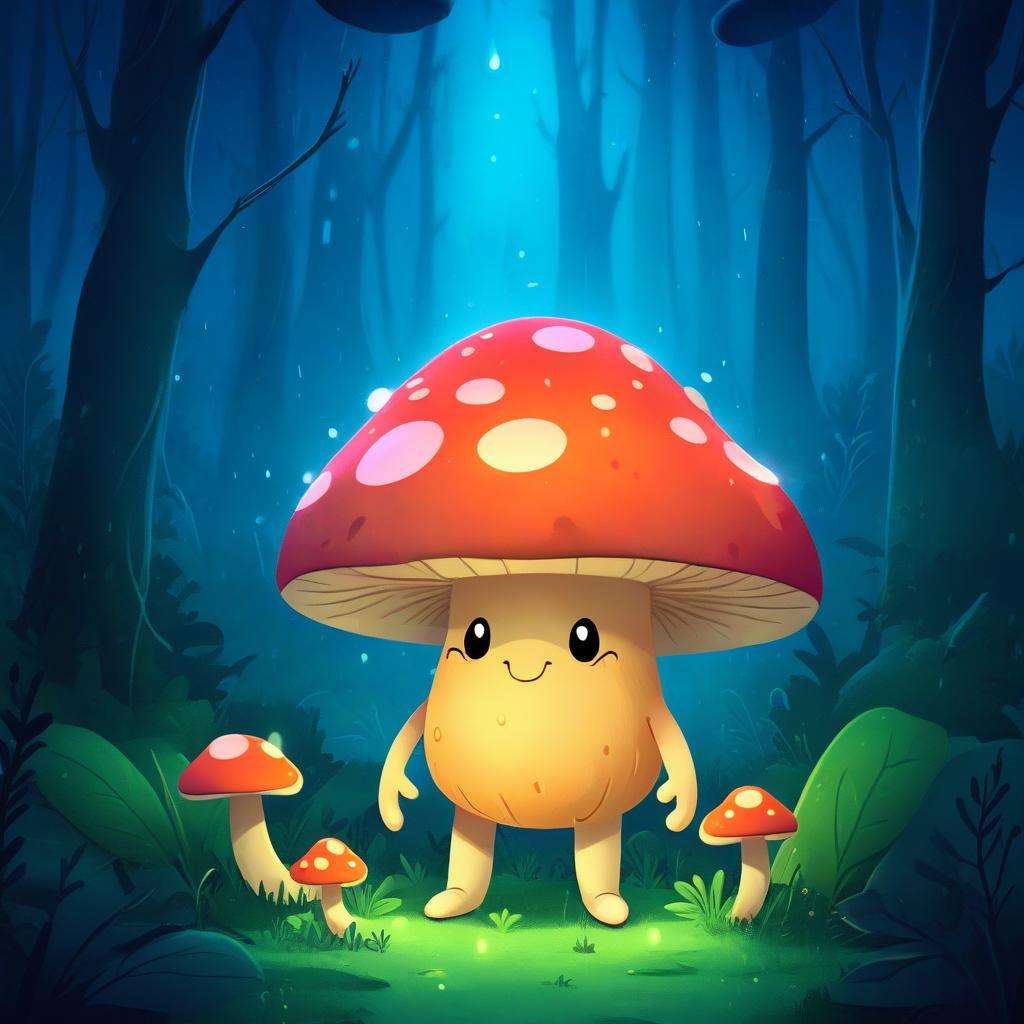 a cute mushroom character with arms and legs in a magical forest at night, (raining:1.4), looking up, lush, fireflies <lora:COOLKIDS_XL_0.3_RC:1>