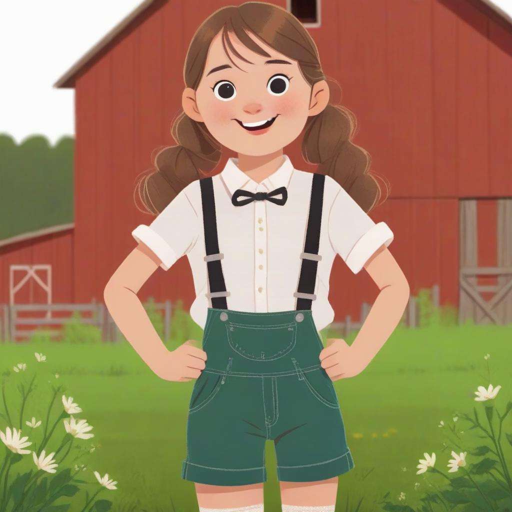 a cute young girl with suspenders in a farm <lora:COOLKIDS_XL_0.3_RC:1.0>