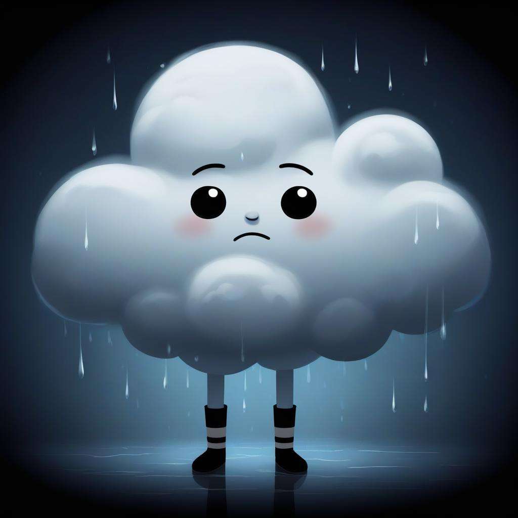 a (sad:1.2) cloud character with tiny arms, raining, sadness, sky, dark, gloomy, night, shading <lora:COOLKIDS_XL_0.3_RC:0.4>