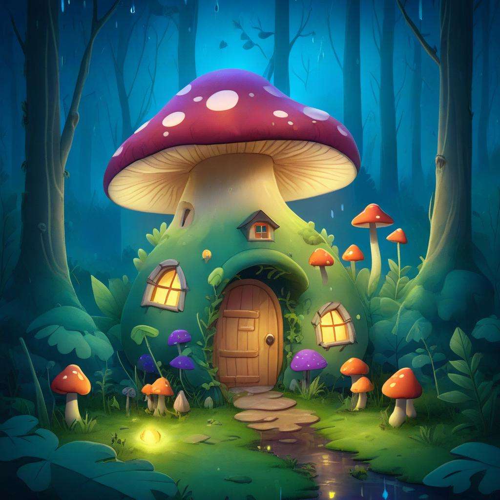 mushroom house in a magical forest at night, lamp, lightbulbs, windows, door, overgrown, (raining:1.4), puddle, lush, fireflies <lora:COOLKIDS_XL_0.3_RC:1>